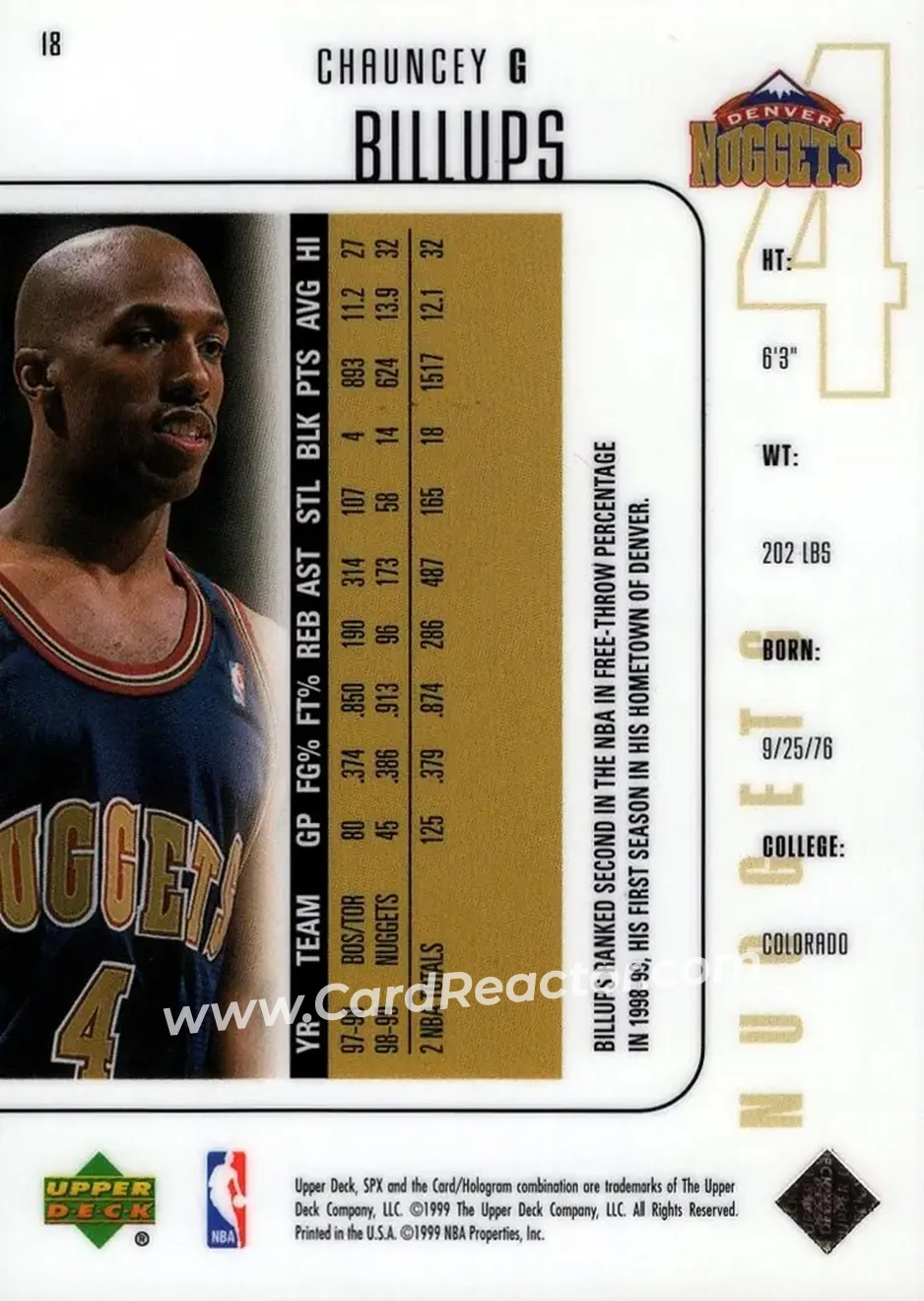 1999-00 SPx #18 - Chauncey Billups - Denver Nuggets - Back