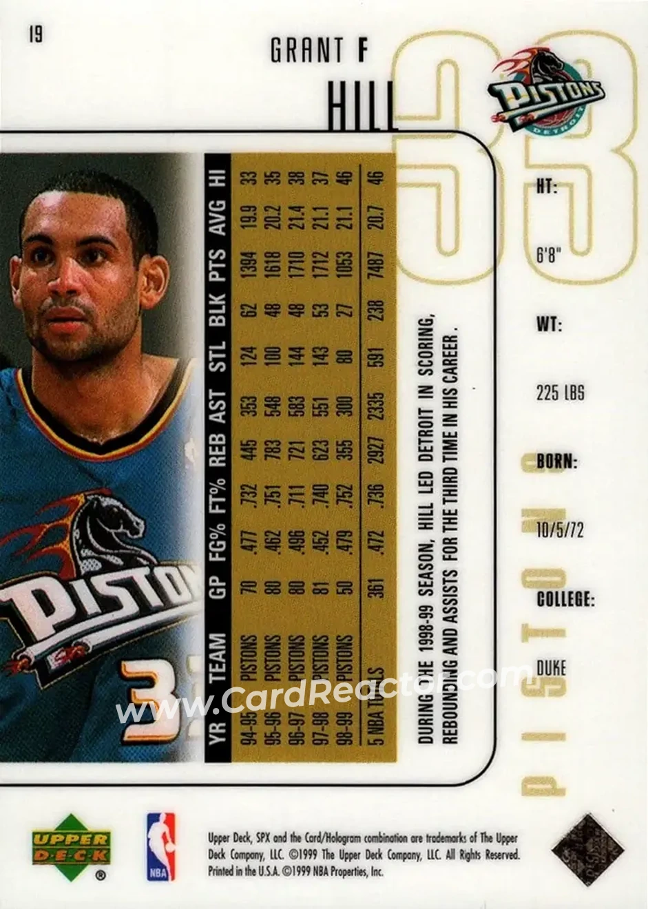 1999-00 SPx #19 - Grant Hill - Detroit Pistons - Back
