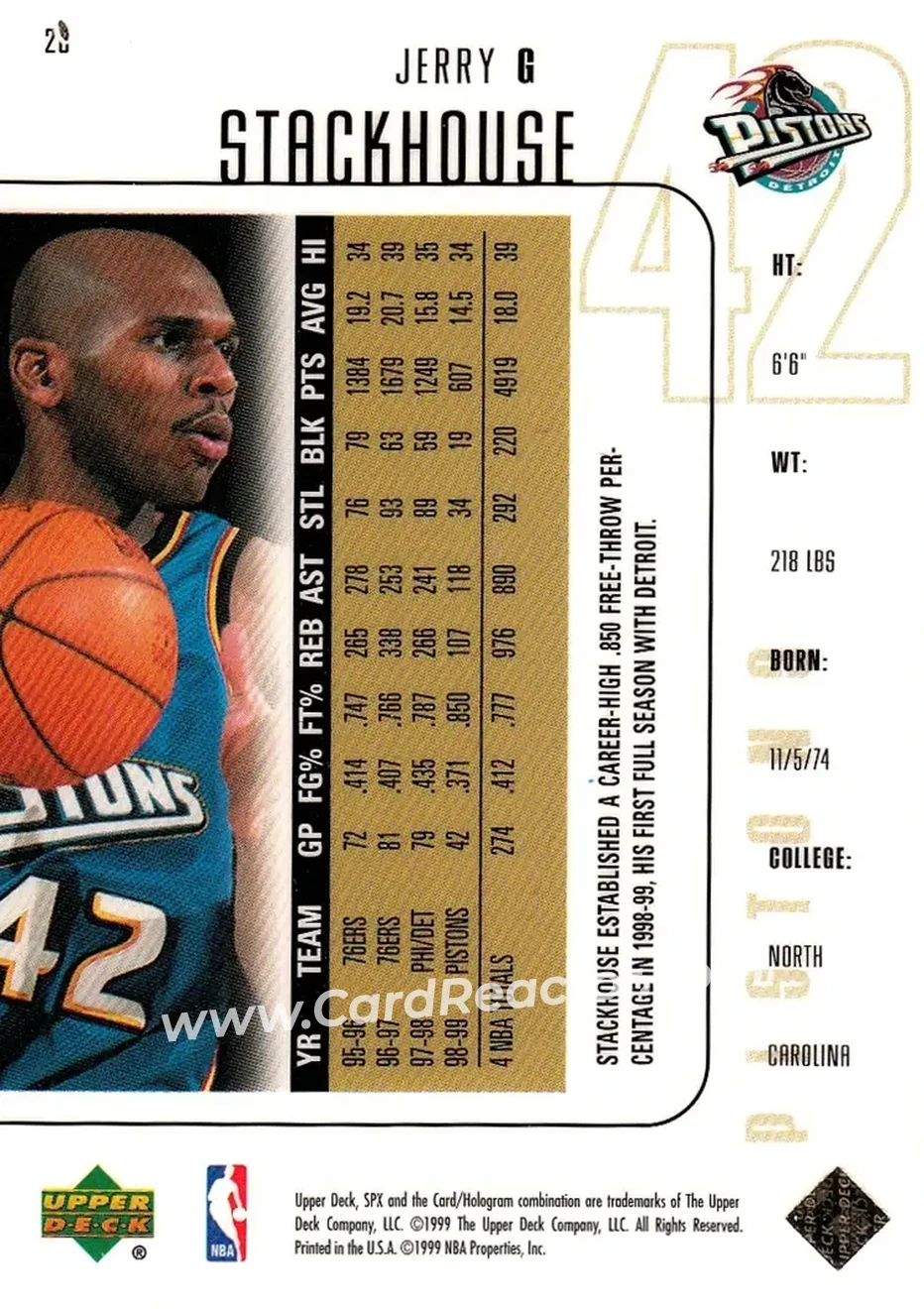 1999-00 SPx #20 - Jerry Stackhouse - Detroit Pistons - Back