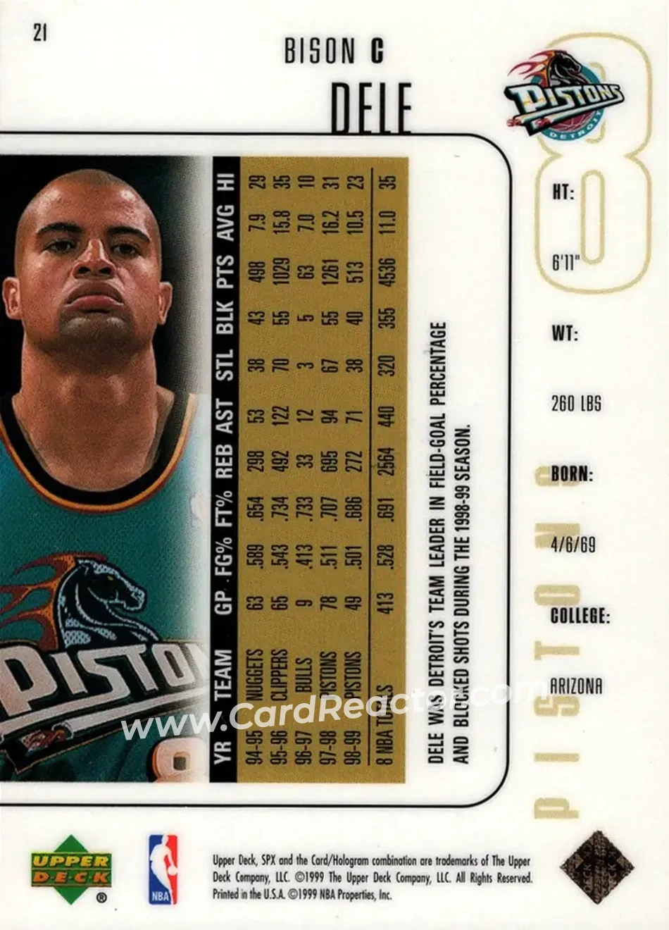 1999-00 SPx #21 - Bison Dele - Detroit Pistons - Back