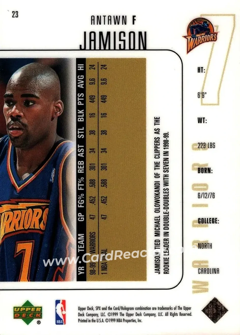 1999-00 SPx #23 - Antawn Jamison - Golden State Warriors - Back