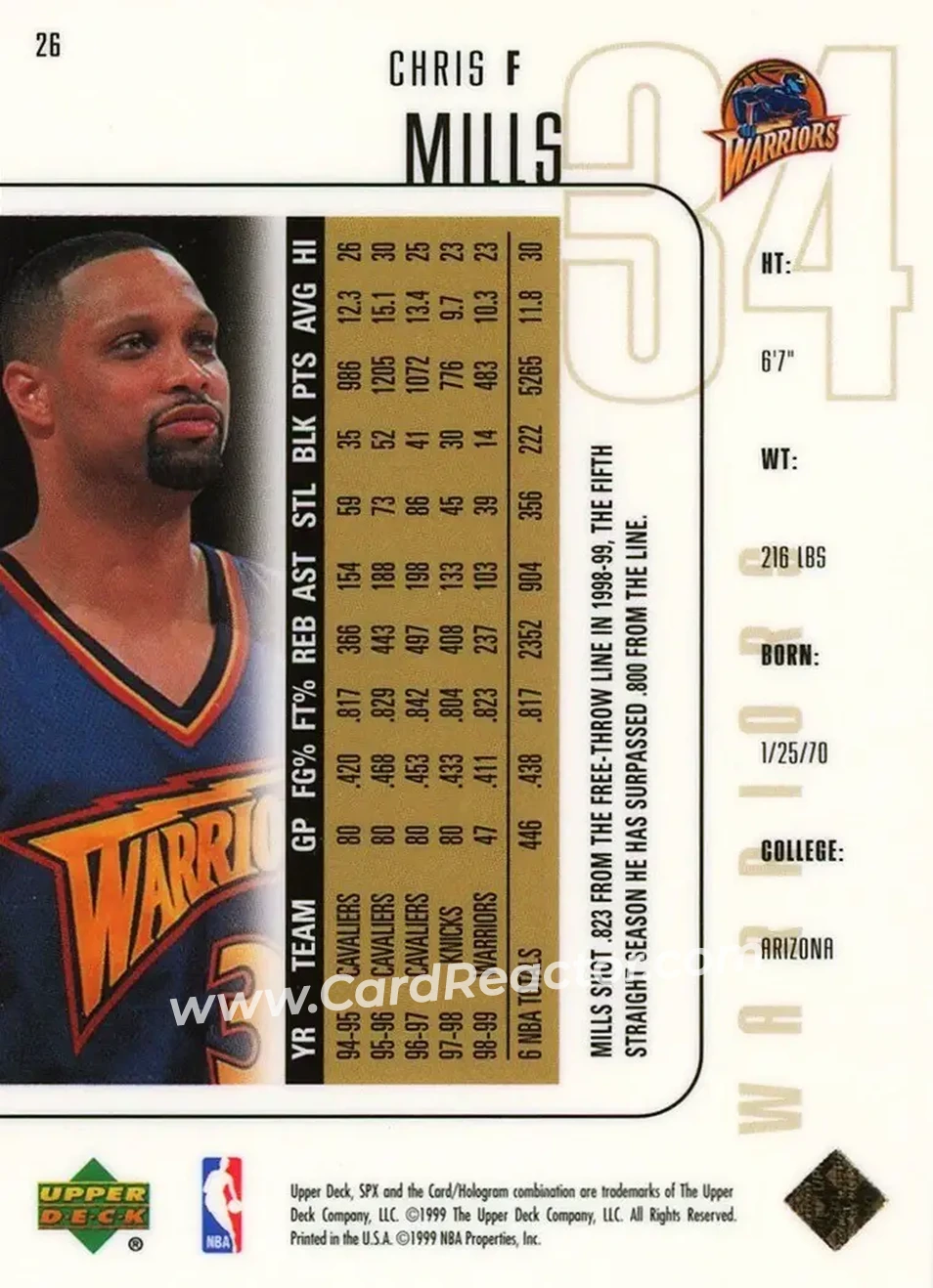 1999-00 SPx #26 - Chris Mills - Golden State Warriors - Back