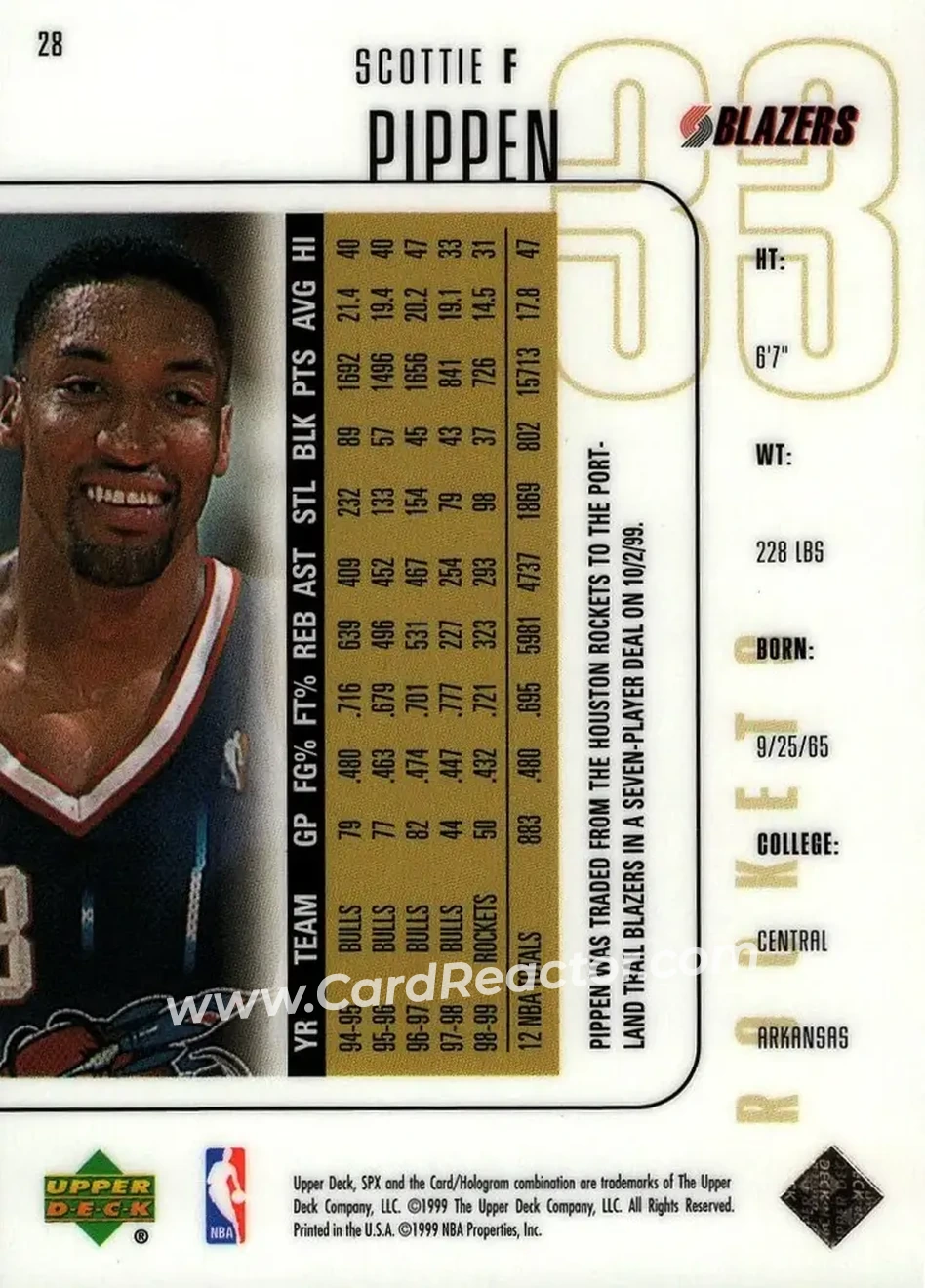 1999-00 SPx #28 - Scottie Pippen - Portland Trail Blazers - Back