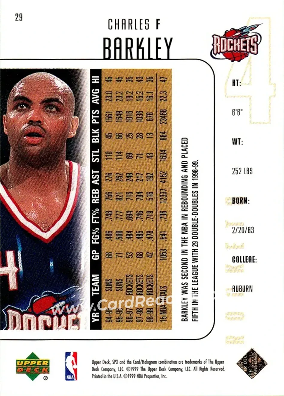 1999-00 SPx #29 - Charles Barkley - Houston Rockets - Back