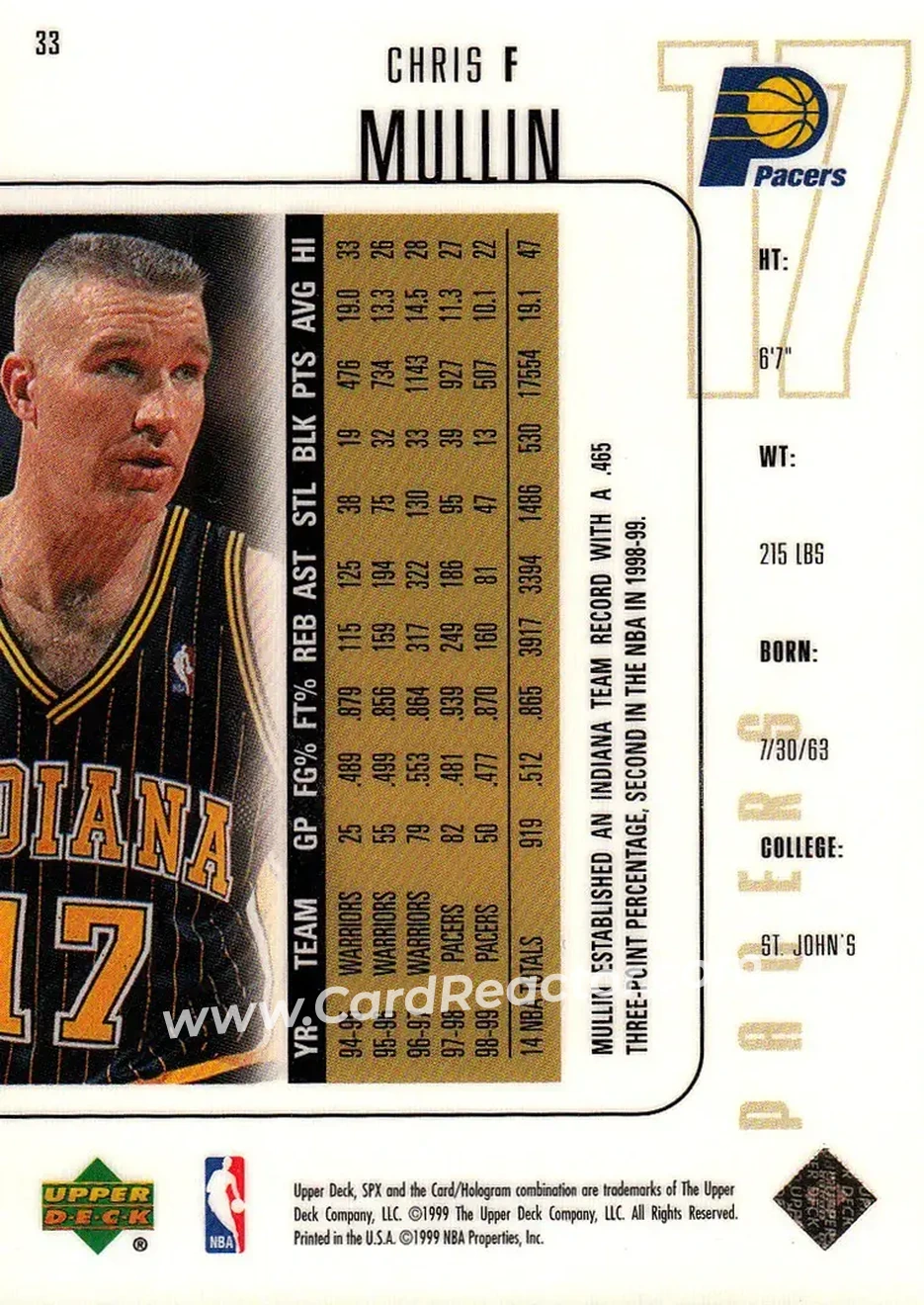 1999-00 SPx #33 - Chris Mullin - Indiana Pacers - Back