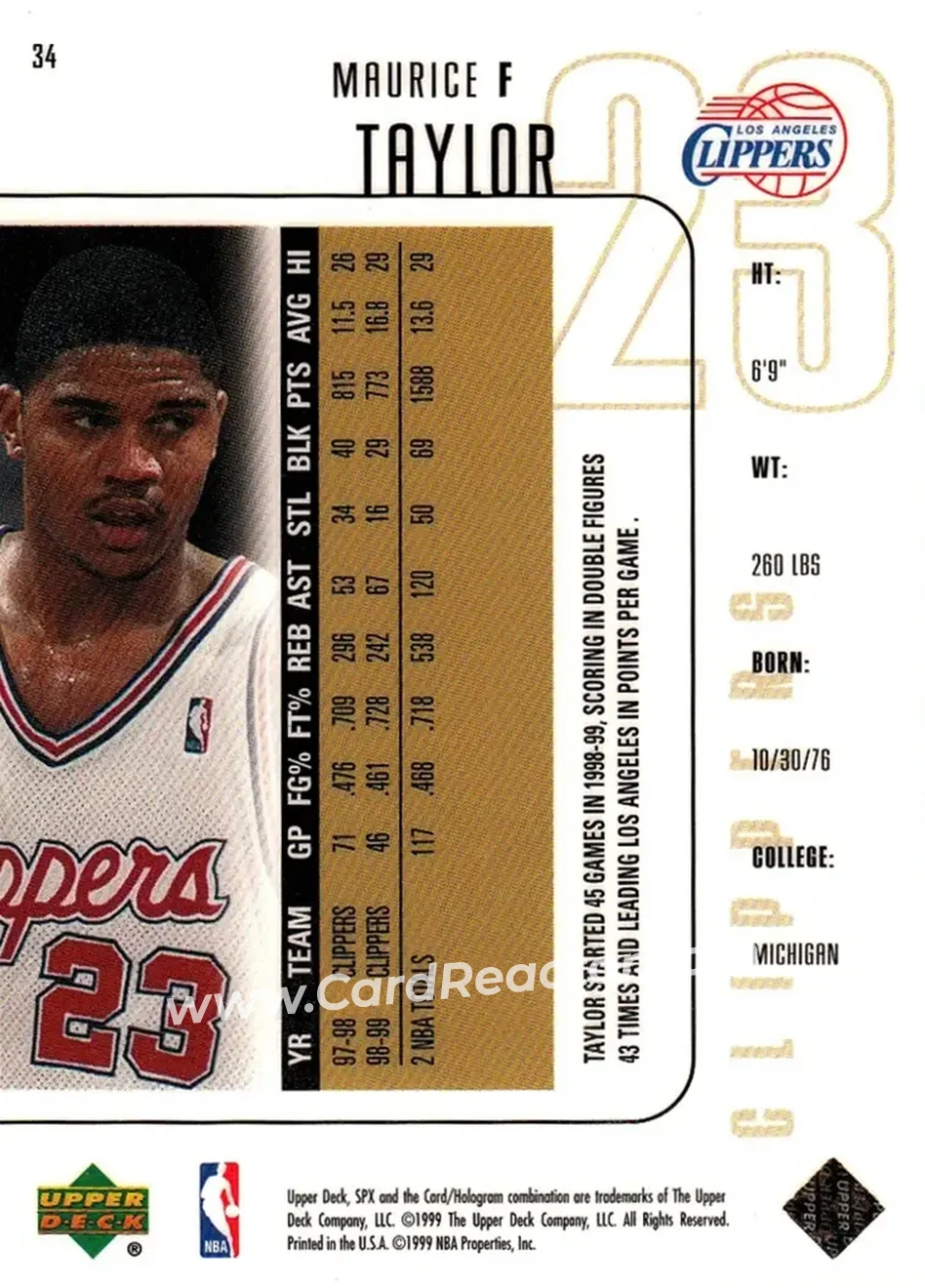1999-00 SPx #34 - Maurice Taylor - Los Angeles Clippers - Back
