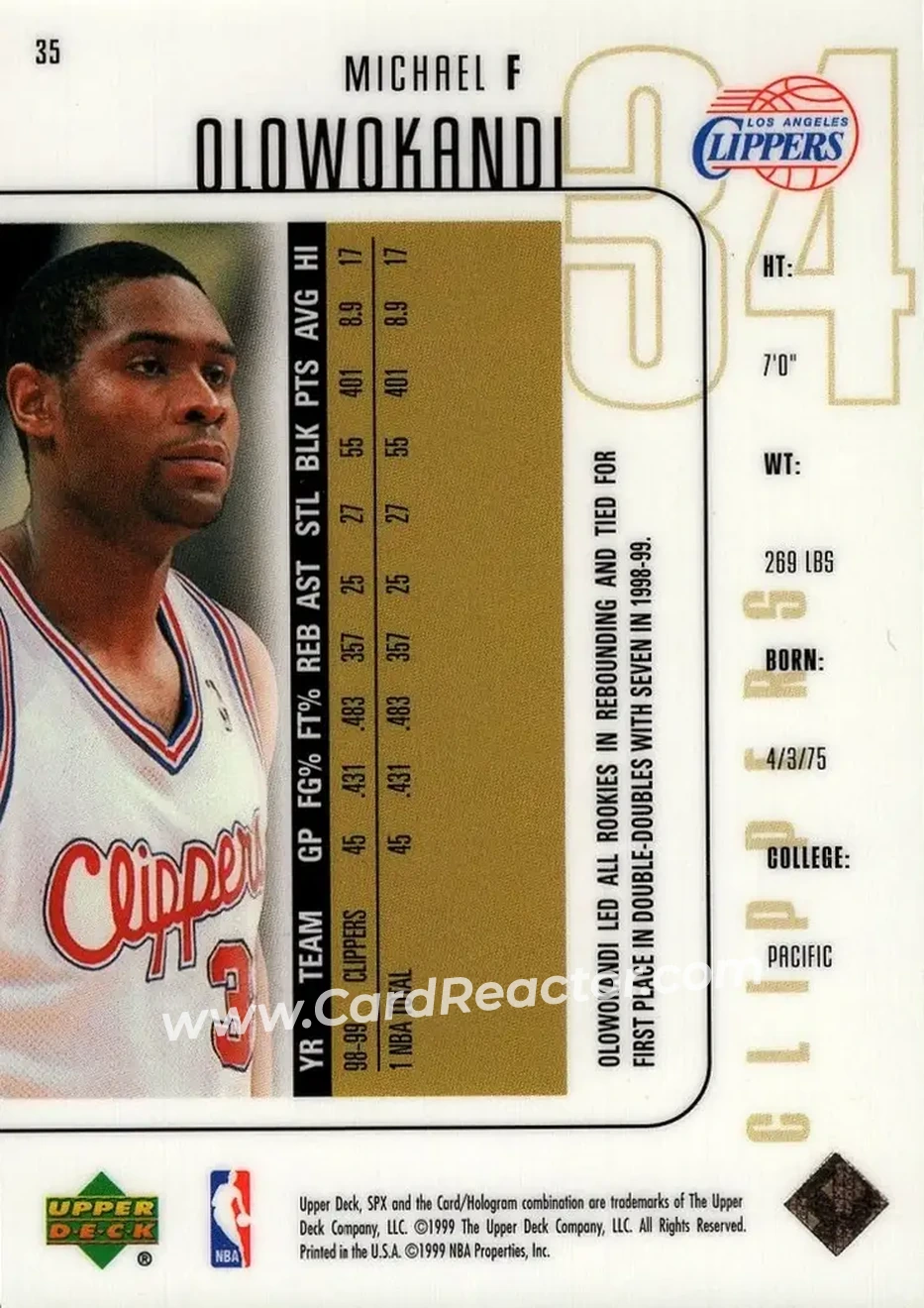 1999-00 SPx #35 - Michael Olowokandi - Los Angeles Clippers - Back