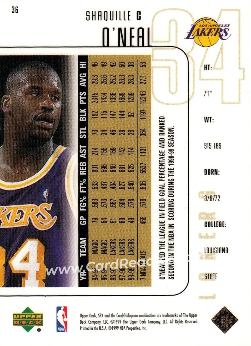 1999-00 SPx #36 - Shaquille O'Neal - Los Angeles Lakers - Back