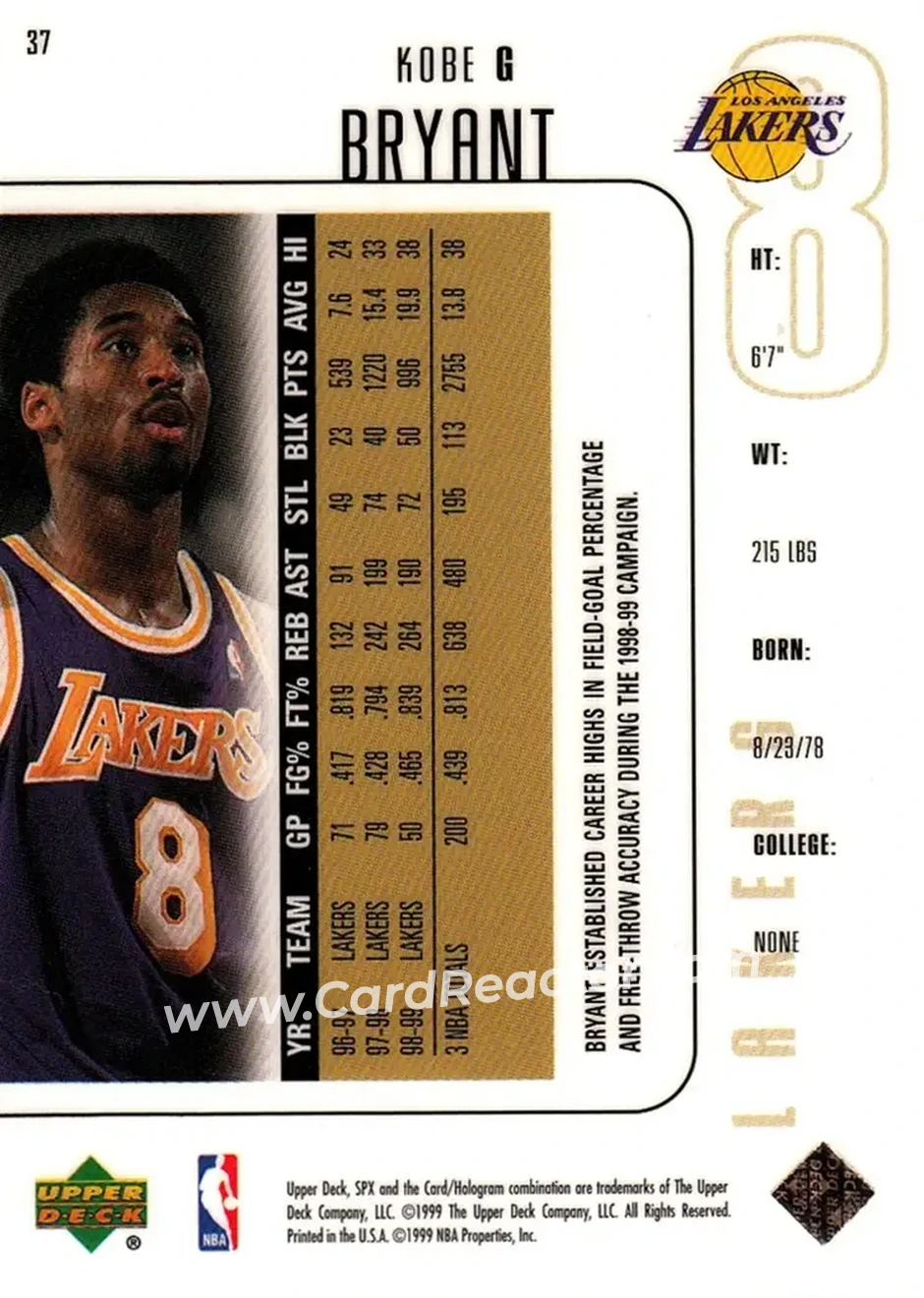 1999-00 SPx #37 - Kobe Bryant - Los Angeles Lakers - Back