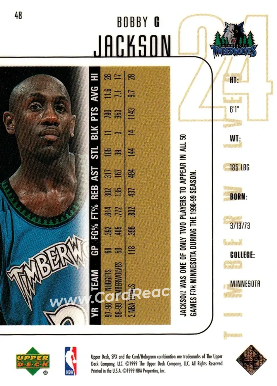 1999-00 SPx #48 - Bobby Jackson - Minnesota Timberwolves - Back