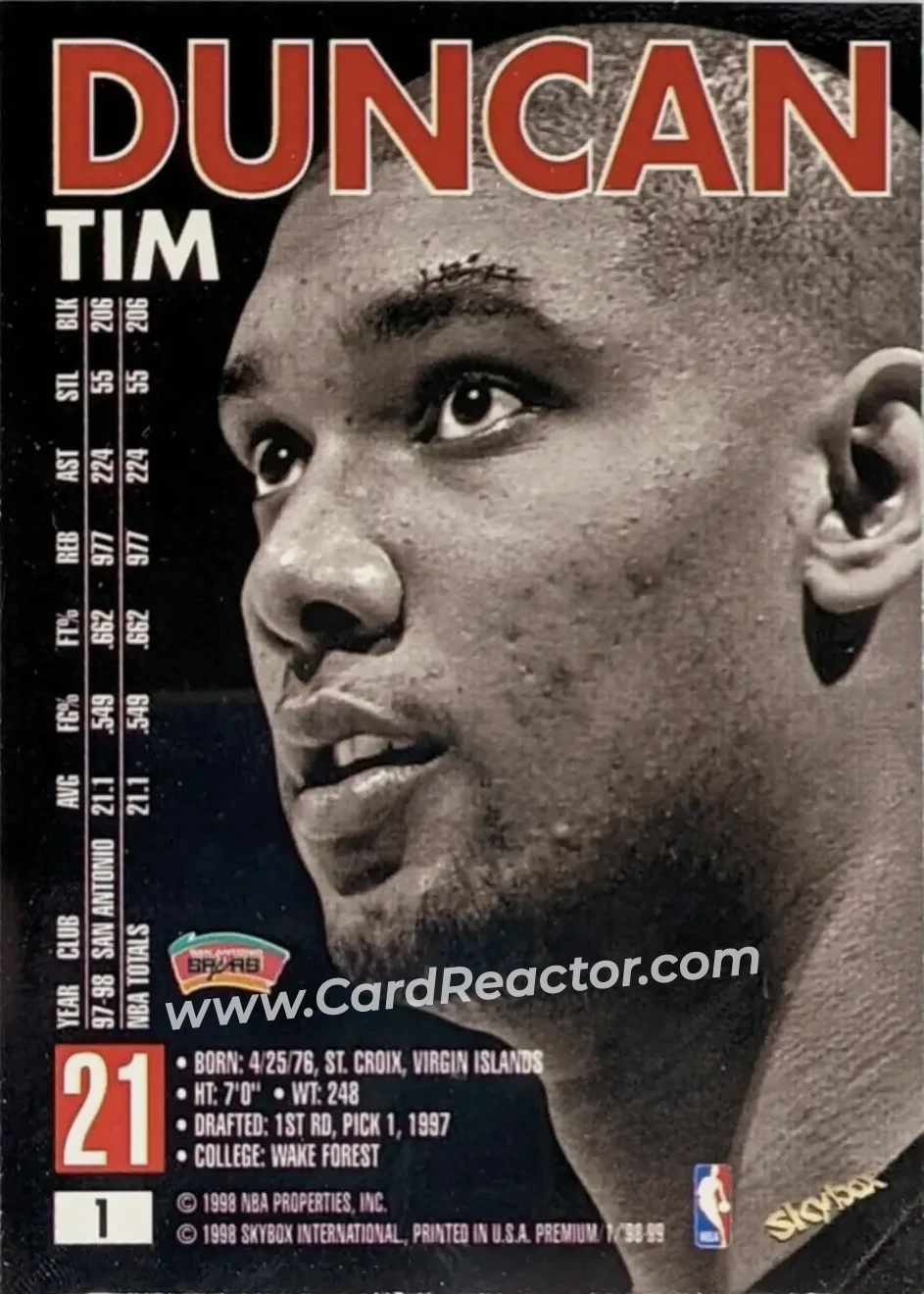 1998-99 SkyBox Premium #1 - Tim Duncan - San Antonio Spurs - Back