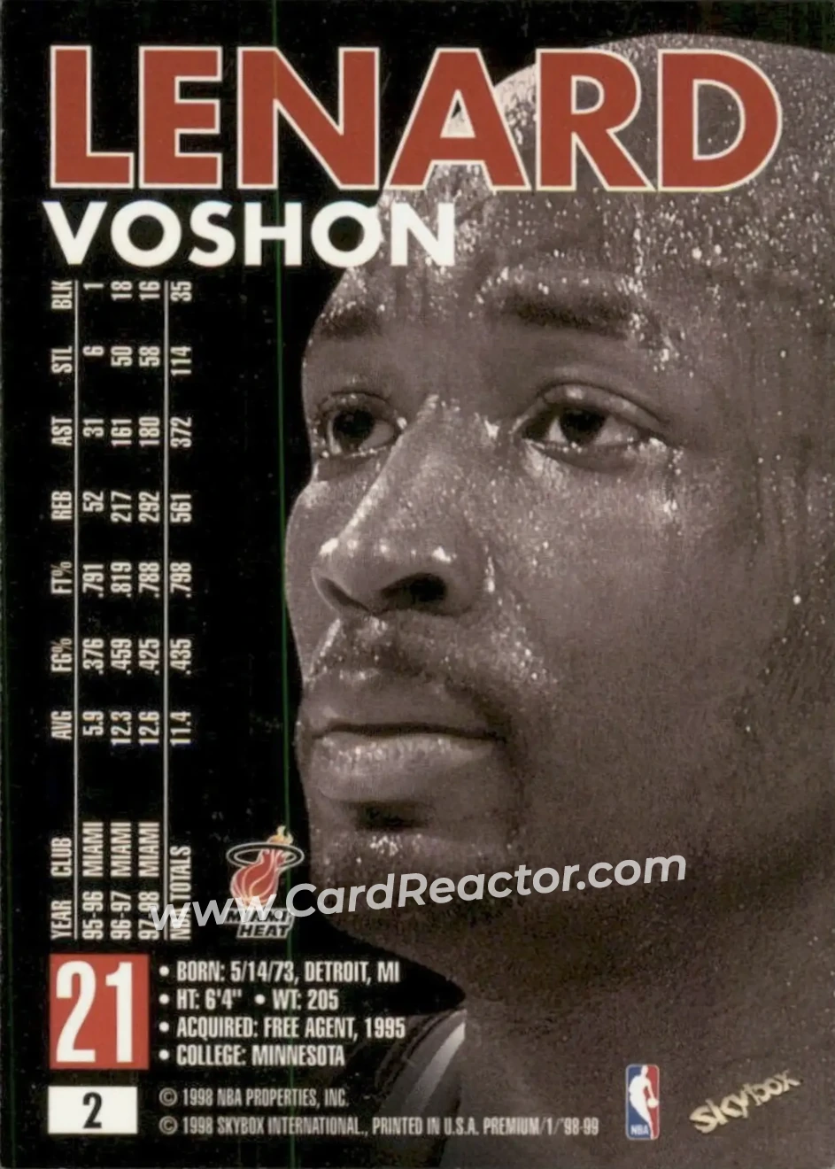 1998-99 SkyBox Premium #2 - Voshon Lenard - Miami Heat - Back