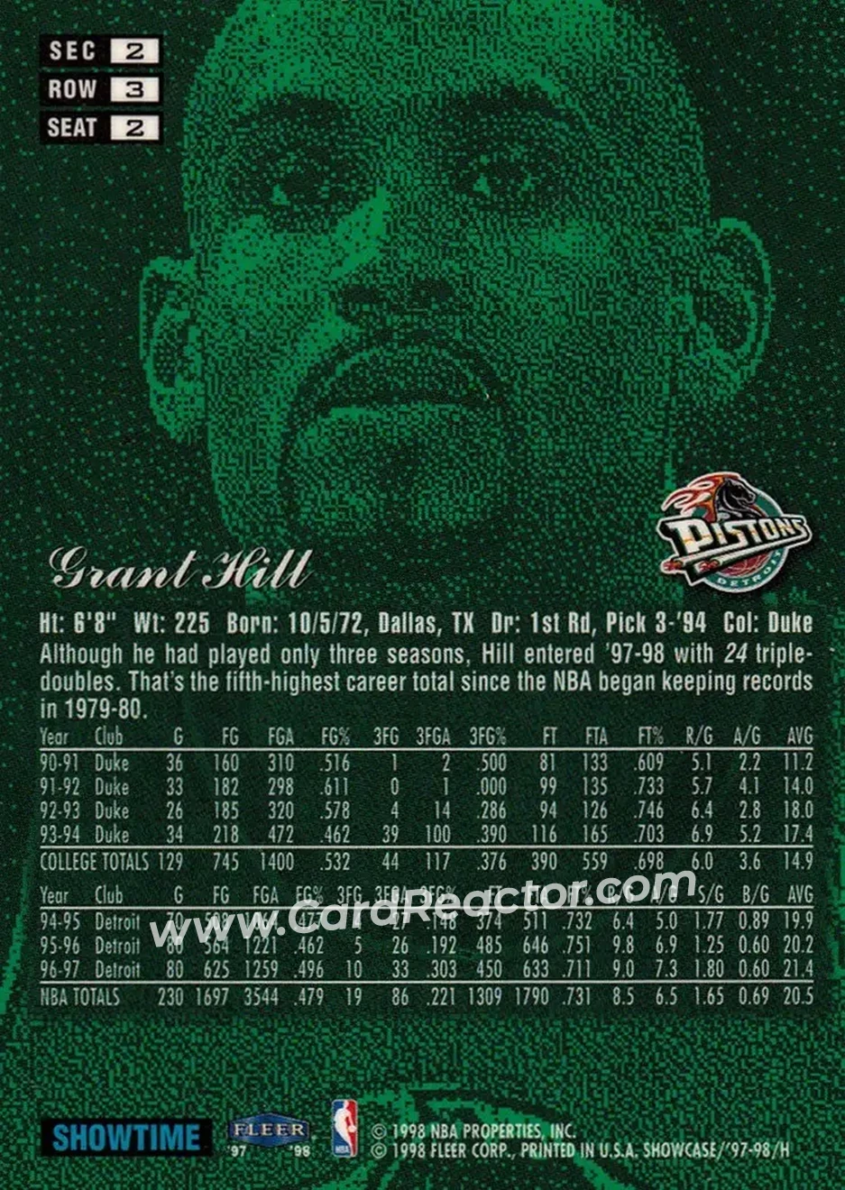 1997-98 Flair Showcase #2 - Grant Hill - Detroit Pistons - Back