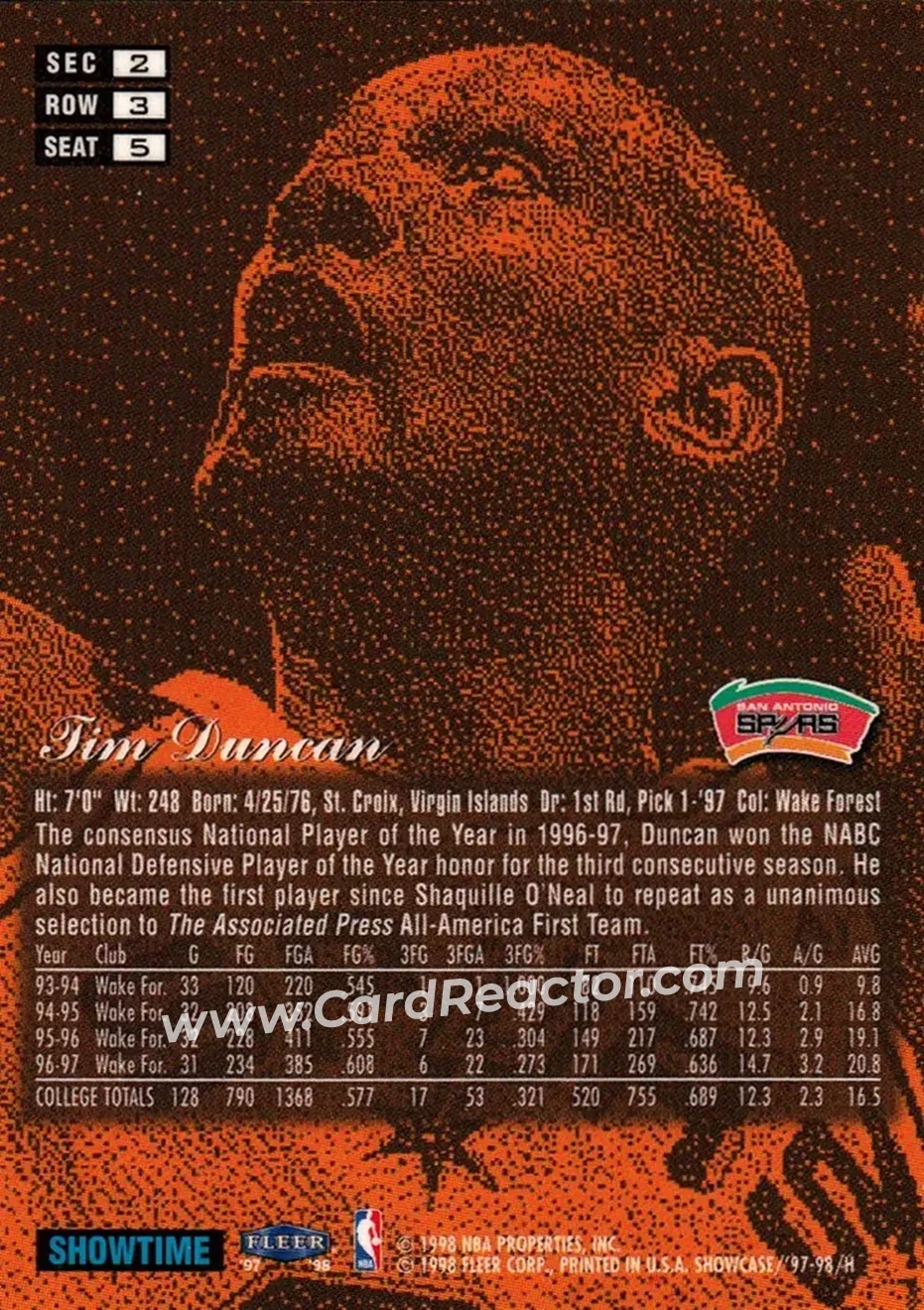 1997-98 Flair Showcase #5 - Tim Duncan - San Antonio Spurs - Back