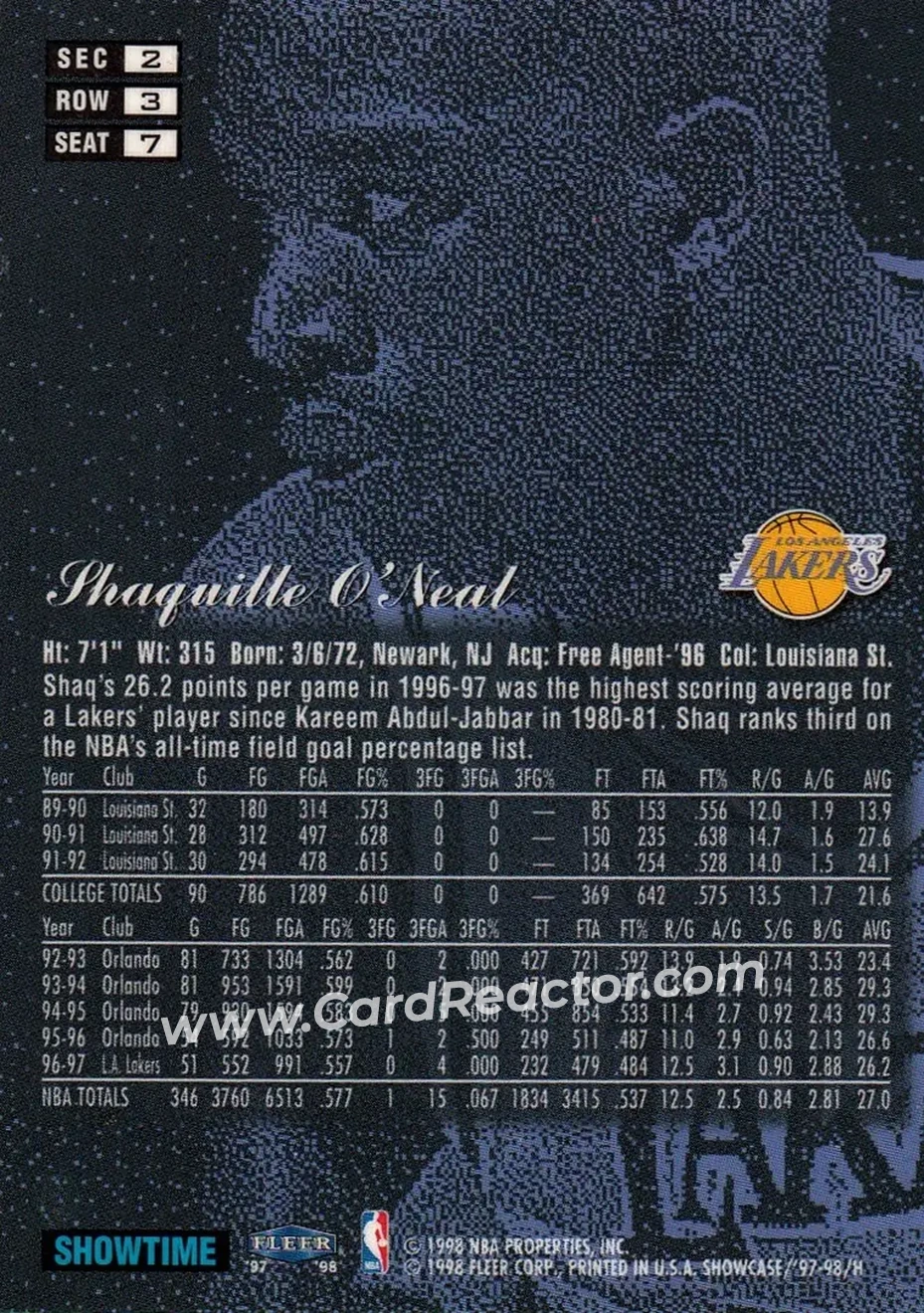 1997-98 Flair Showcase #7 - Shaquille O'Neal - Los Angeles Lakers - Back 1997-98 Flair Showcase #7 - Shaquille O'Neal - Los Angeles Lakers - Back