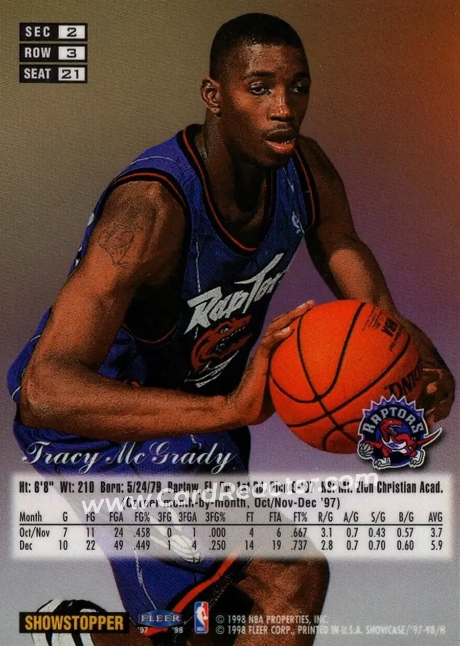 1997-98 Flair Showcase #21 - Tracy McGrady - Toronto Raptors - Back