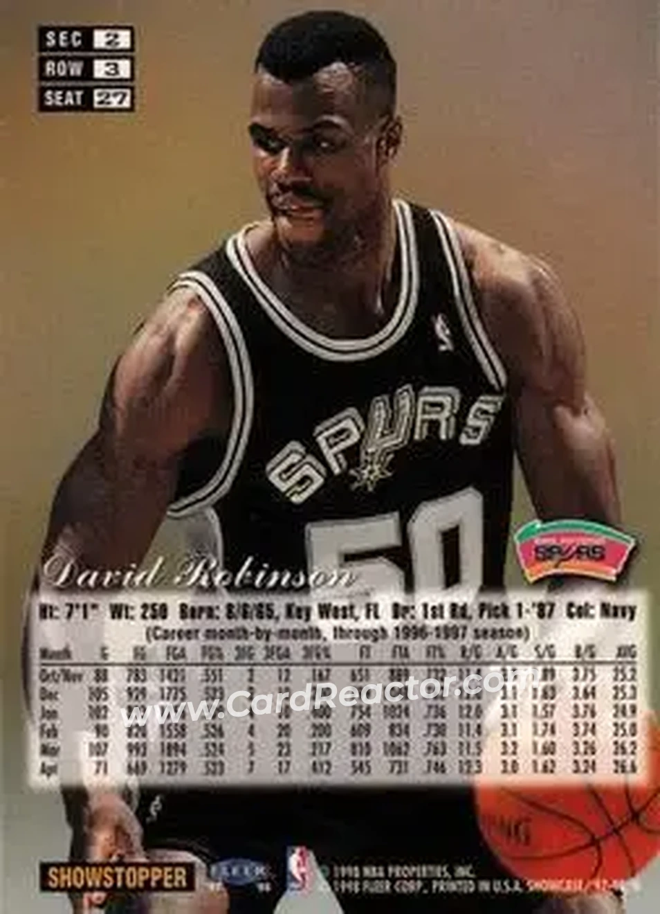 1997-98 Flair Showcase #27 - David Robinson - San Antonio Spurs - Back