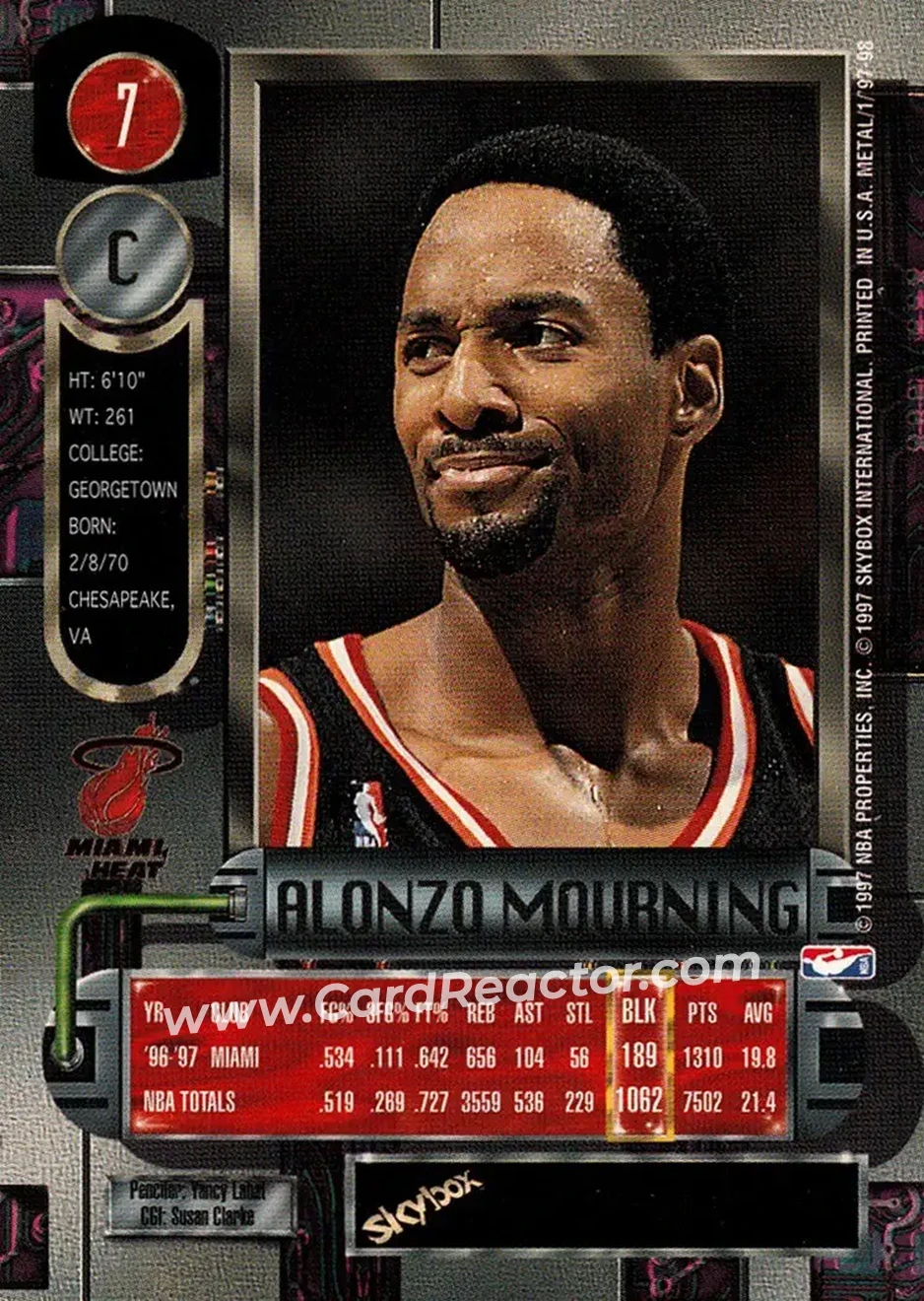 1997-98 Metal Universe #7 - Alonzo Mourning - Miami Heat - Back