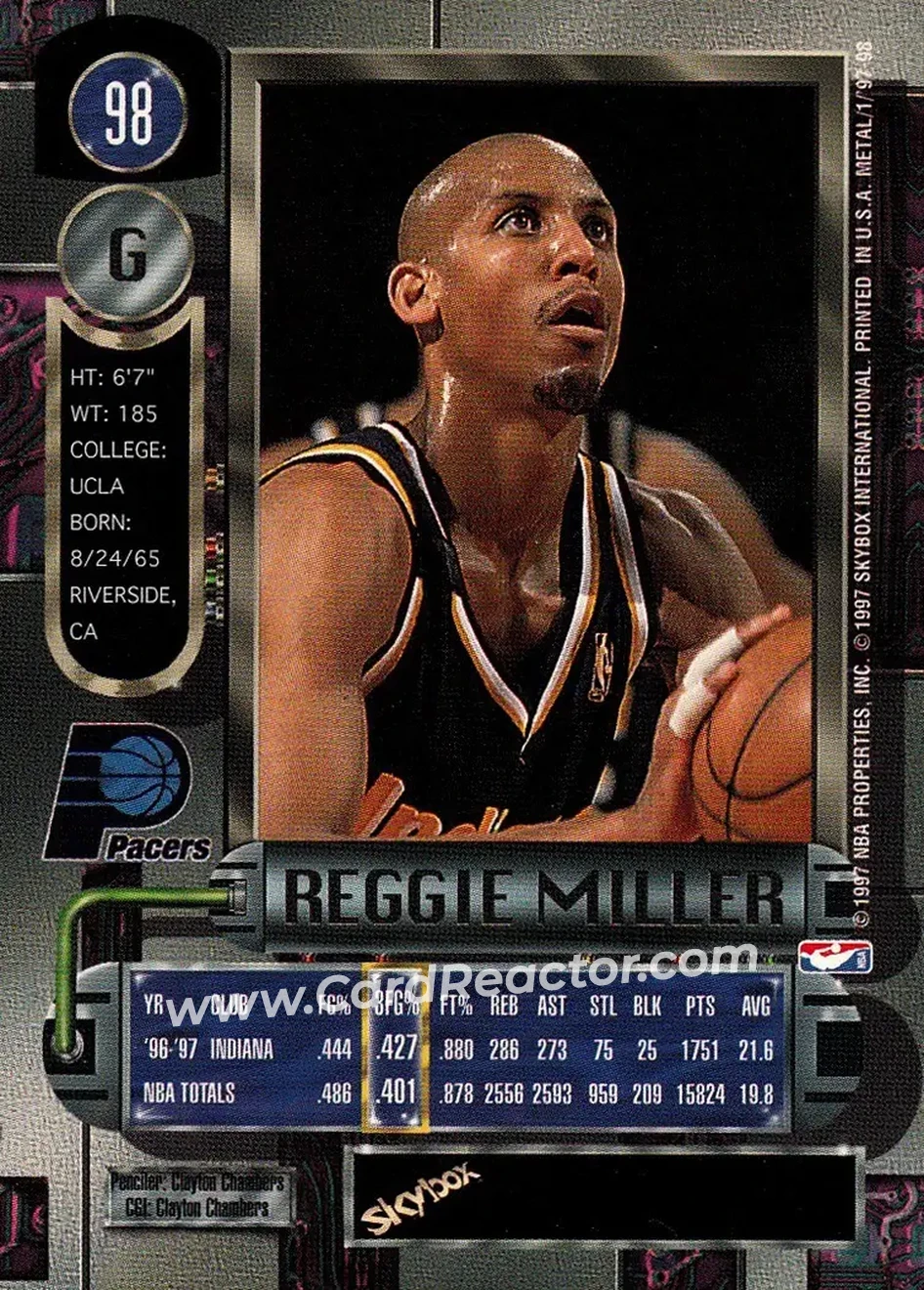 1997-98 Metal Universe #98 - Reggie Miller - Indiana Pacers - Back 1997-98 Metal Universe #98 - Reggie Miller - Indiana Pacers - Back