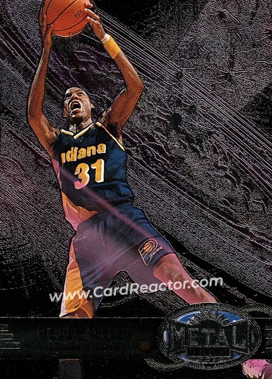 1997-98 Metal Universe #98 - Reggie Miller - Indiana Pacers - Front 1997-98 Metal Universe #98 - Reggie Miller - Indiana Pacers - Front