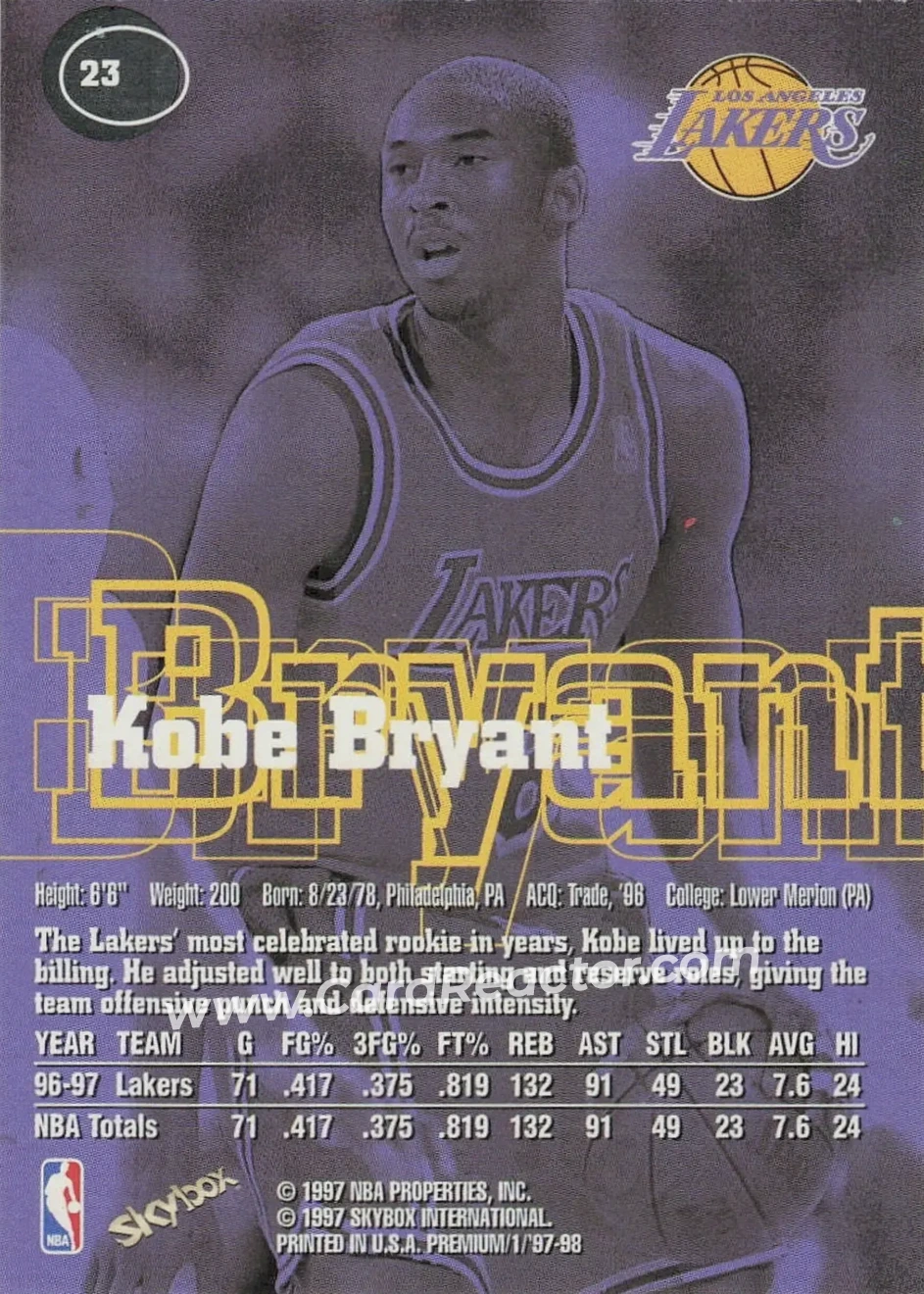 1997-98 SkyBox Premium #23 - Kobe Bryant - Los Angeles Lakers - Back