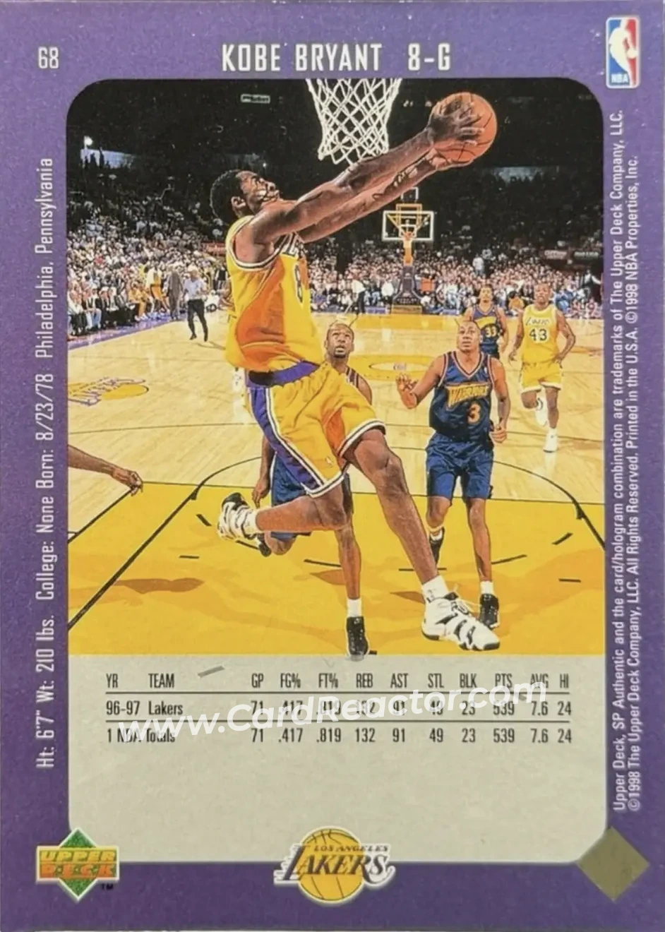 1997-98 SP Authentic #68 - Kobe Bryant - Los Angeles Lakers - Back