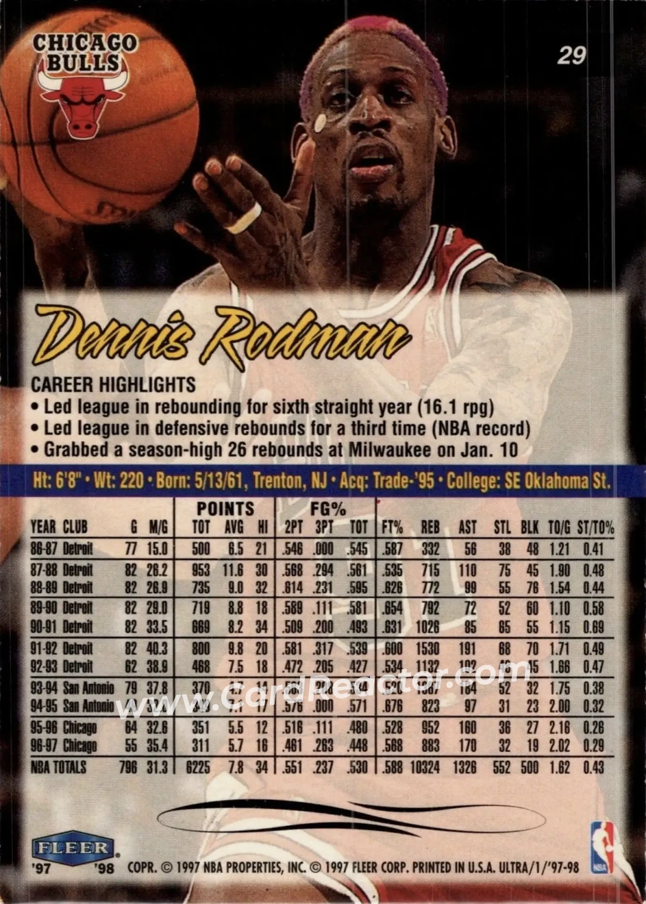 1997-98 Ultra #29 - Dennis Rodman - Chicago Bulls - Back