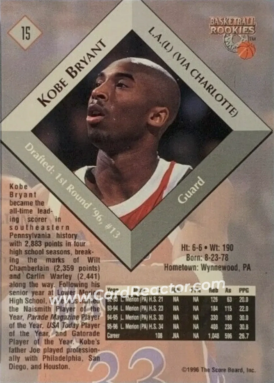 1996 Score Board Rookies #15 - Kobe Bryant - Back