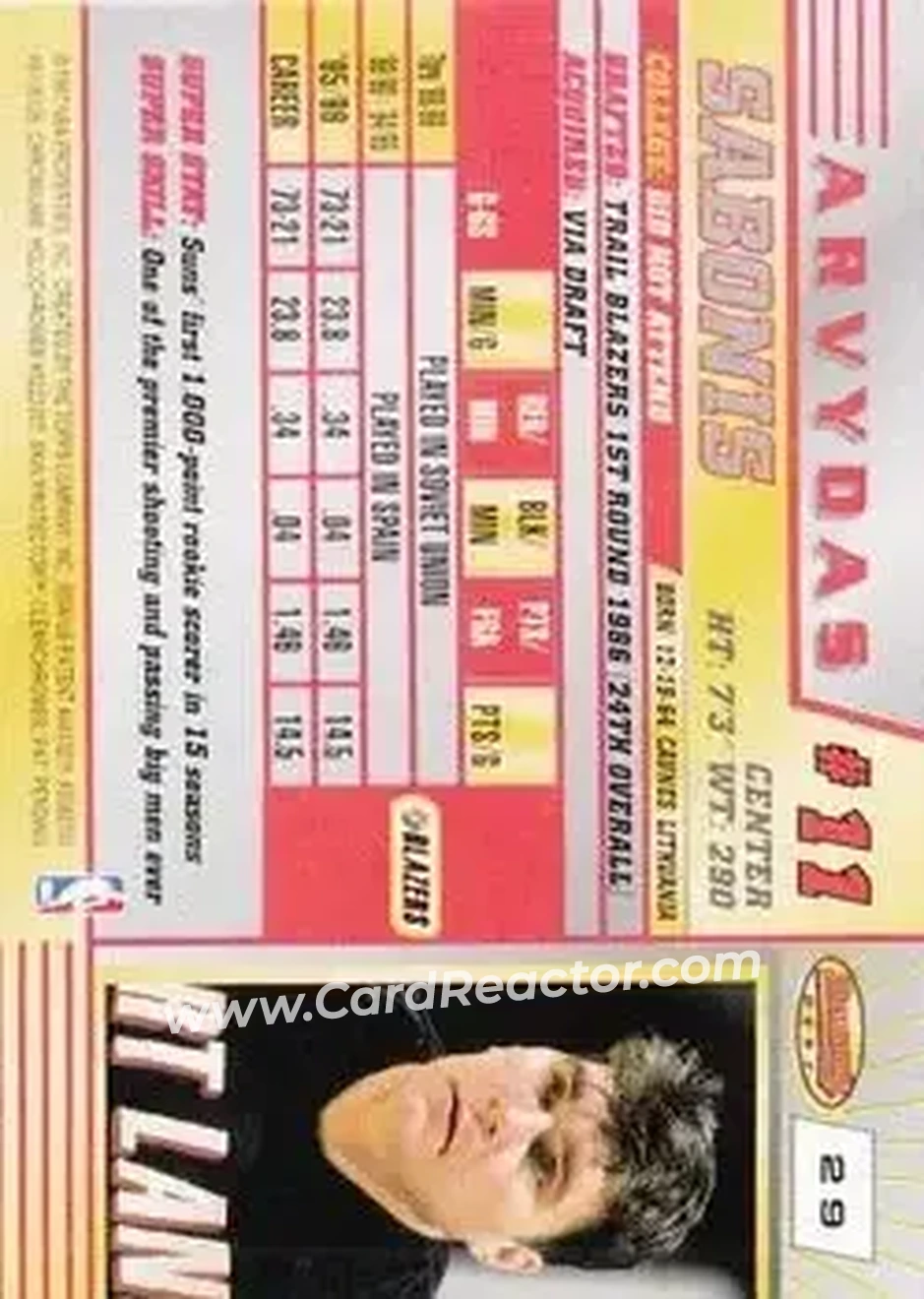 1996-97 Bowman's Best #29 - Arvydas Sabonis - Portland Trail Blazers - Back