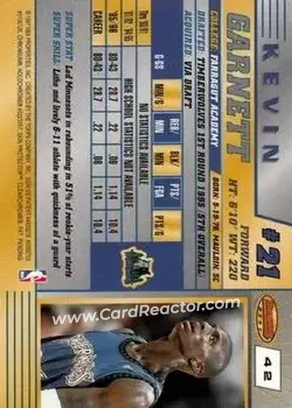 1996-97 Bowman's Best #42 - Kevin Garnett - Minnesota Timberwolves - Back