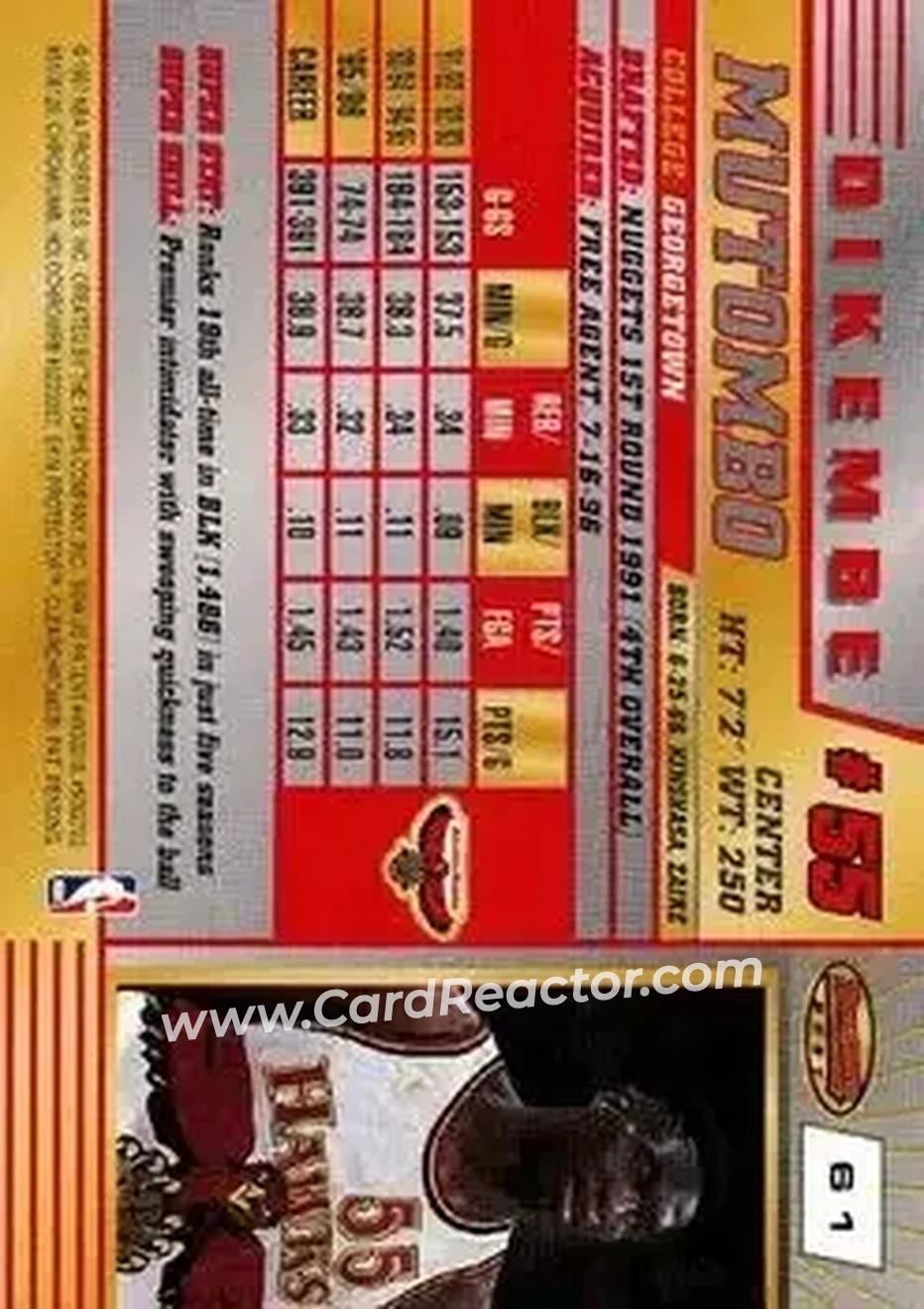 1996-97 Bowman's Best #61 - Dikembe Mutombo - Atlanta Hawks - Back 1996-97 Bowman's Best #61 - Dikembe Mutombo - Atlanta Hawks - Back