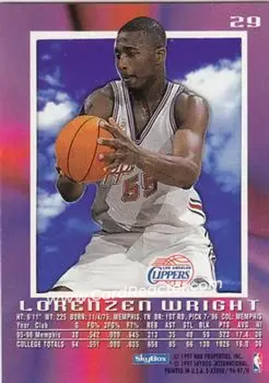 1996-97 E-X2000 #29 - Lorenzen Wright - Los Angeles Clippers - Back