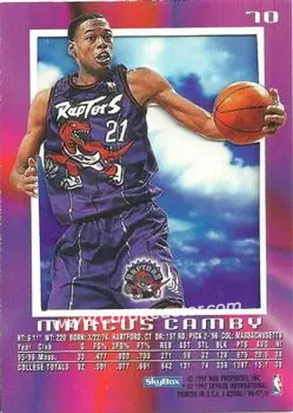1996-97 E-X2000 #70 - Marcus Camby - Toronto Raptors - Back