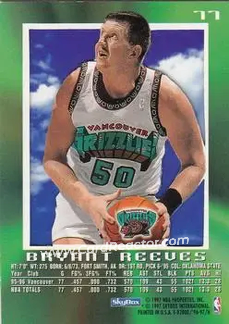 1996-97 E-X2000 #77 - Bryant Reeves - Vancouver Grizzlies - Back 1996-97 E-X2000 #77 - Bryant Reeves - Vancouver Grizzlies - Back