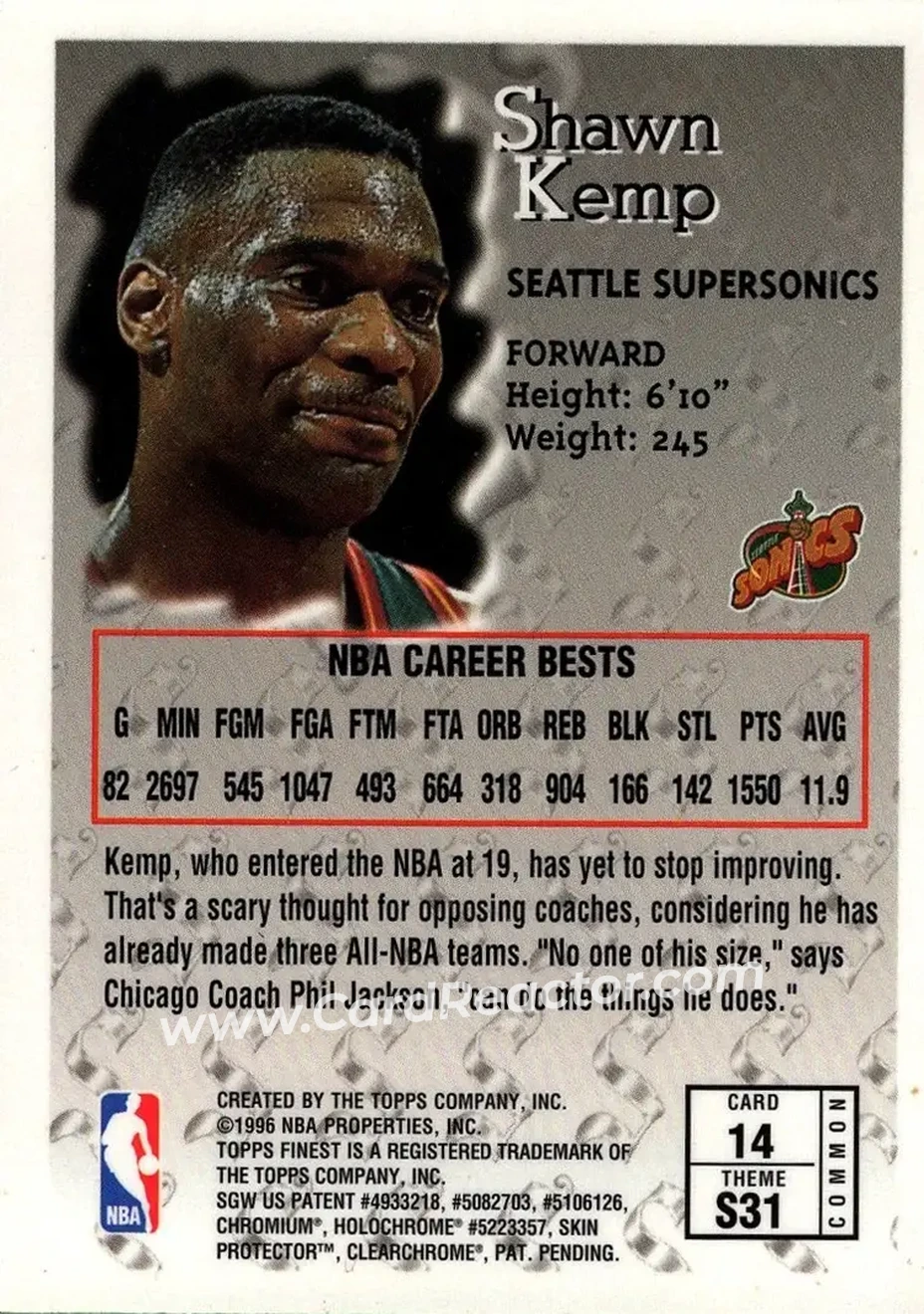 1996-97 Finest #14 - Shawn Kemp - Seattle SuperSonics - Back