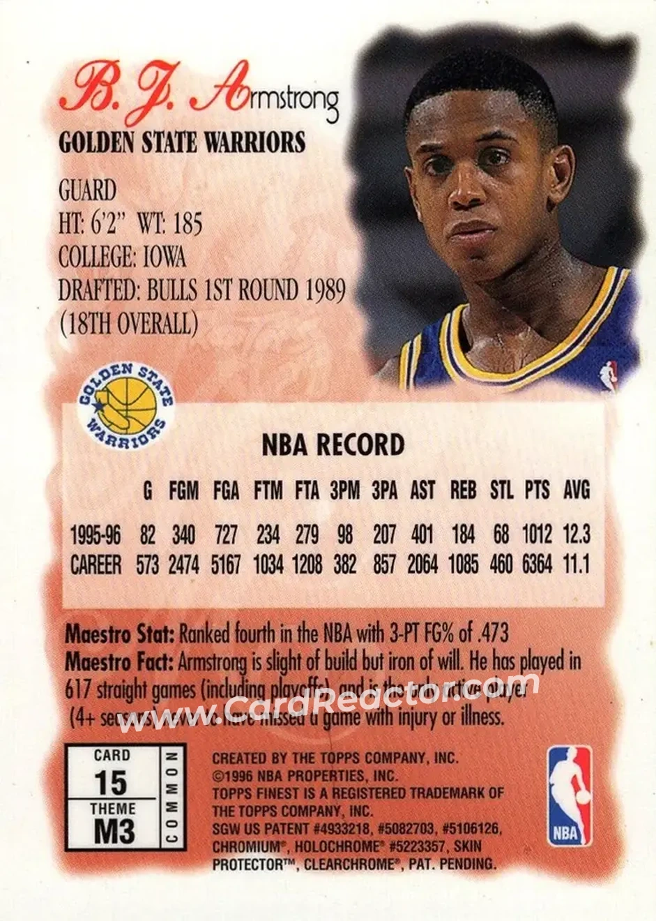 1996-97 Finest #15 - B.J. Armstrong - Golden State Warriors - Back