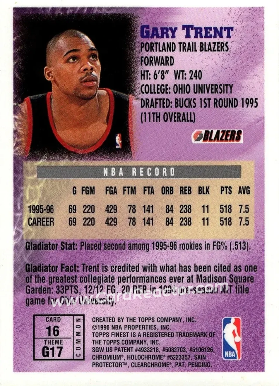1996-97 Finest #16 - Gary Trent - Portland Trail Blazers - Back
