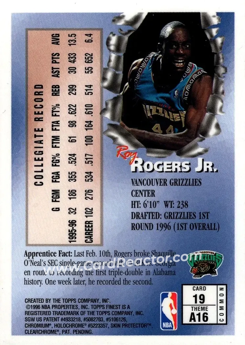 1996-97 Finest #19 - Roy Rogers - Vancouver Grizzlies - Back