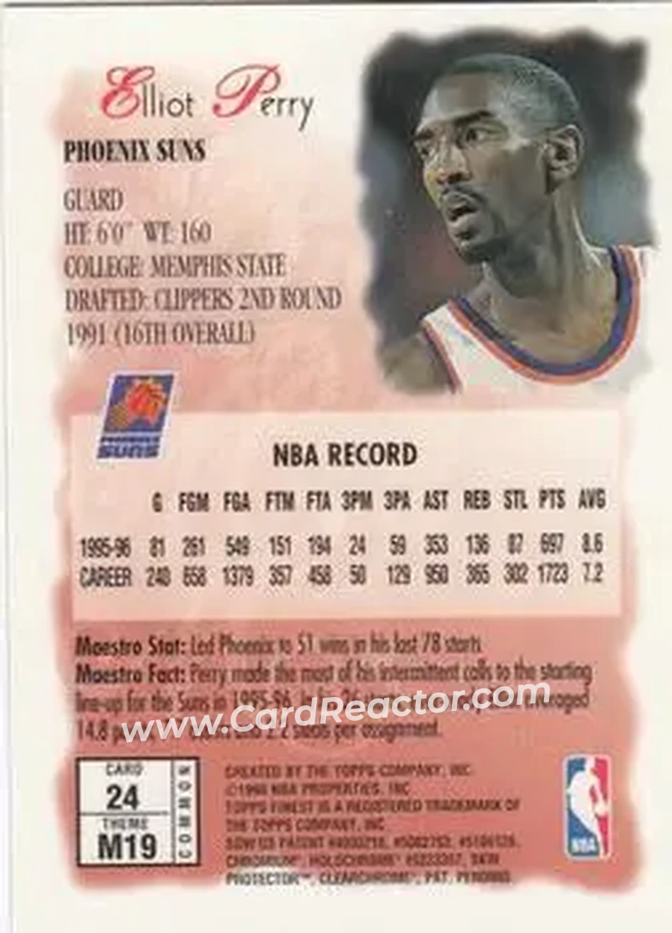 1996-97 Finest #24 - Elliot Perry - Phoenix Suns - Back