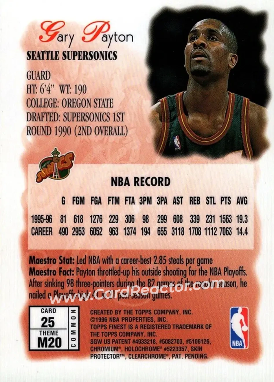1996-97 Finest #25 - Gary Payton - Seattle SuperSonics - Back