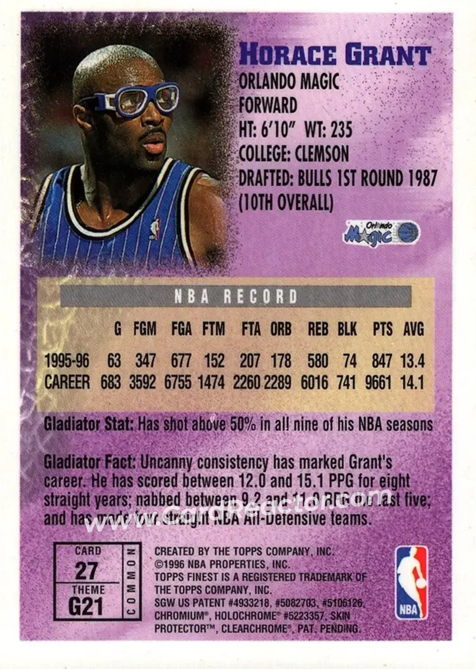 1996-97 Finest #27 - Horace Grant - Orlando Magic - Back