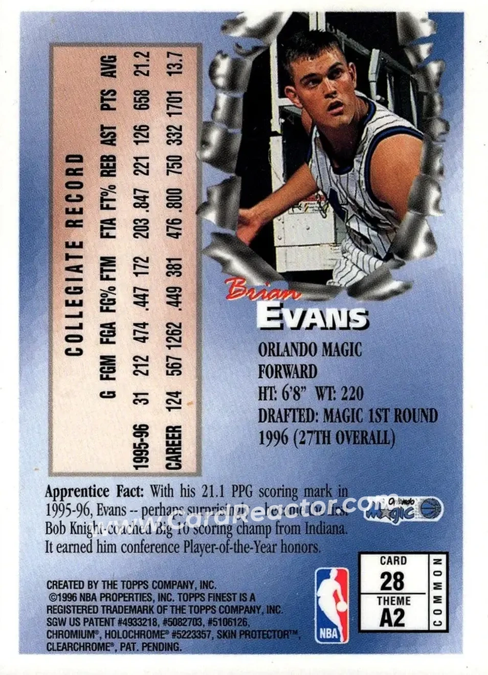1996-97 Finest #28 - Brian Evans - Orlando Magic - Back