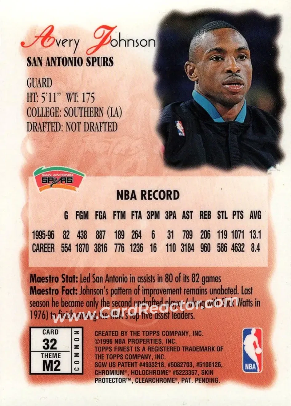 1996-97 Finest #32 - Avery Johnson - San Antonio Spurs - Back 1996-97 Finest #32 - Avery Johnson - San Antonio Spurs - Back