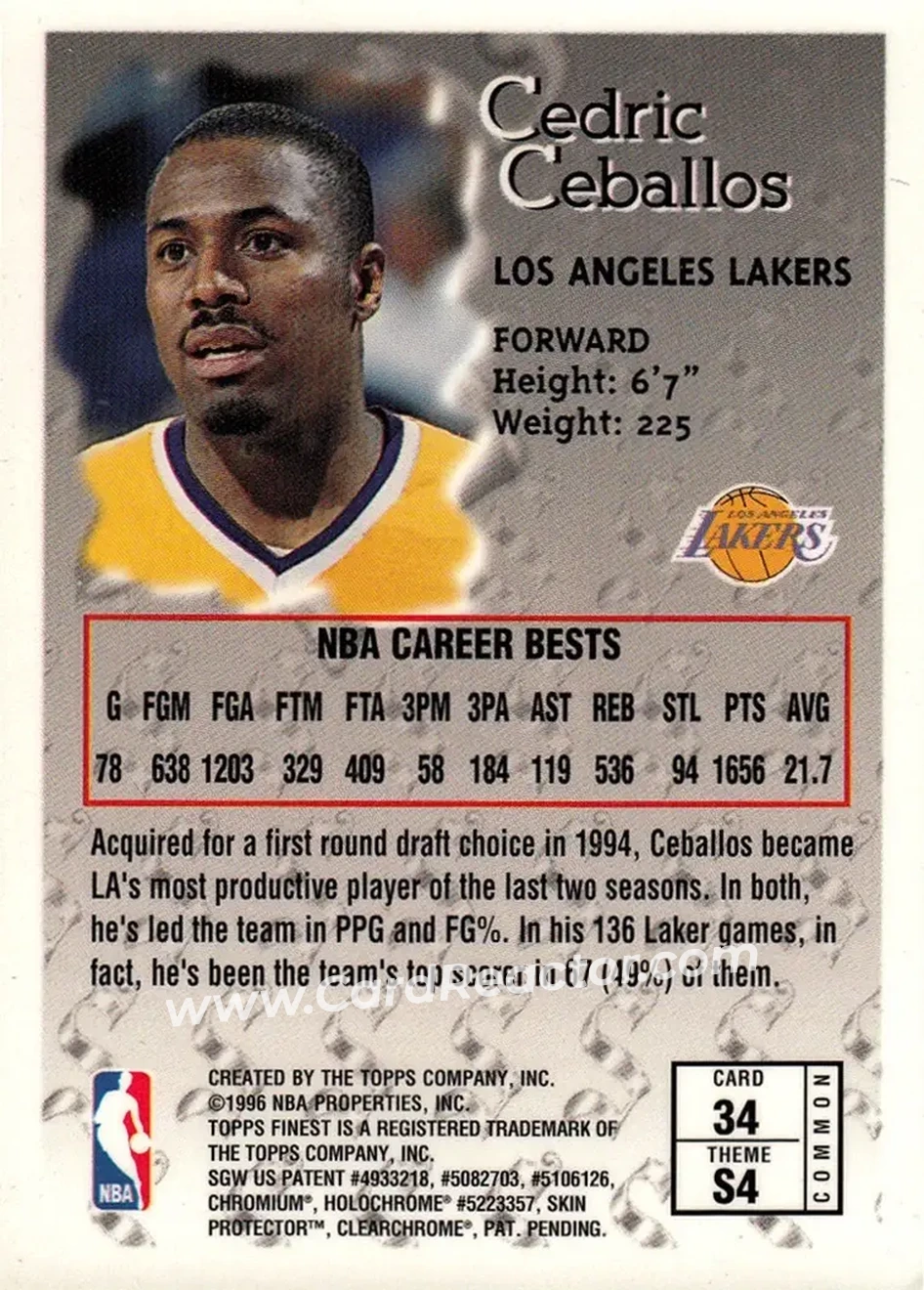 1996-97 Finest #34 - Cedric Ceballos - Los Angeles Lakers - Back