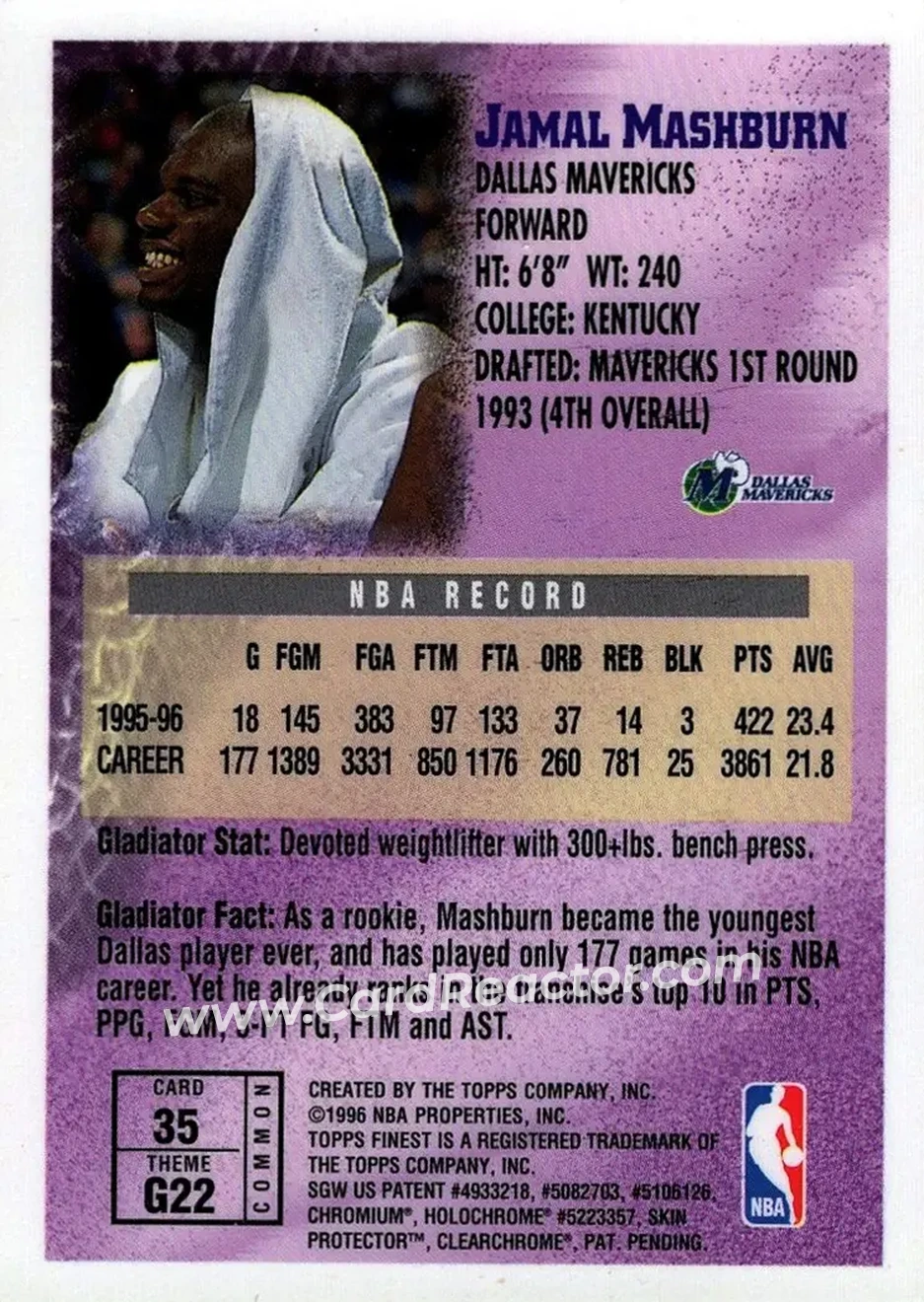 1996-97 Finest #35 - Jamal Mashburn - Dallas Mavericks - Back