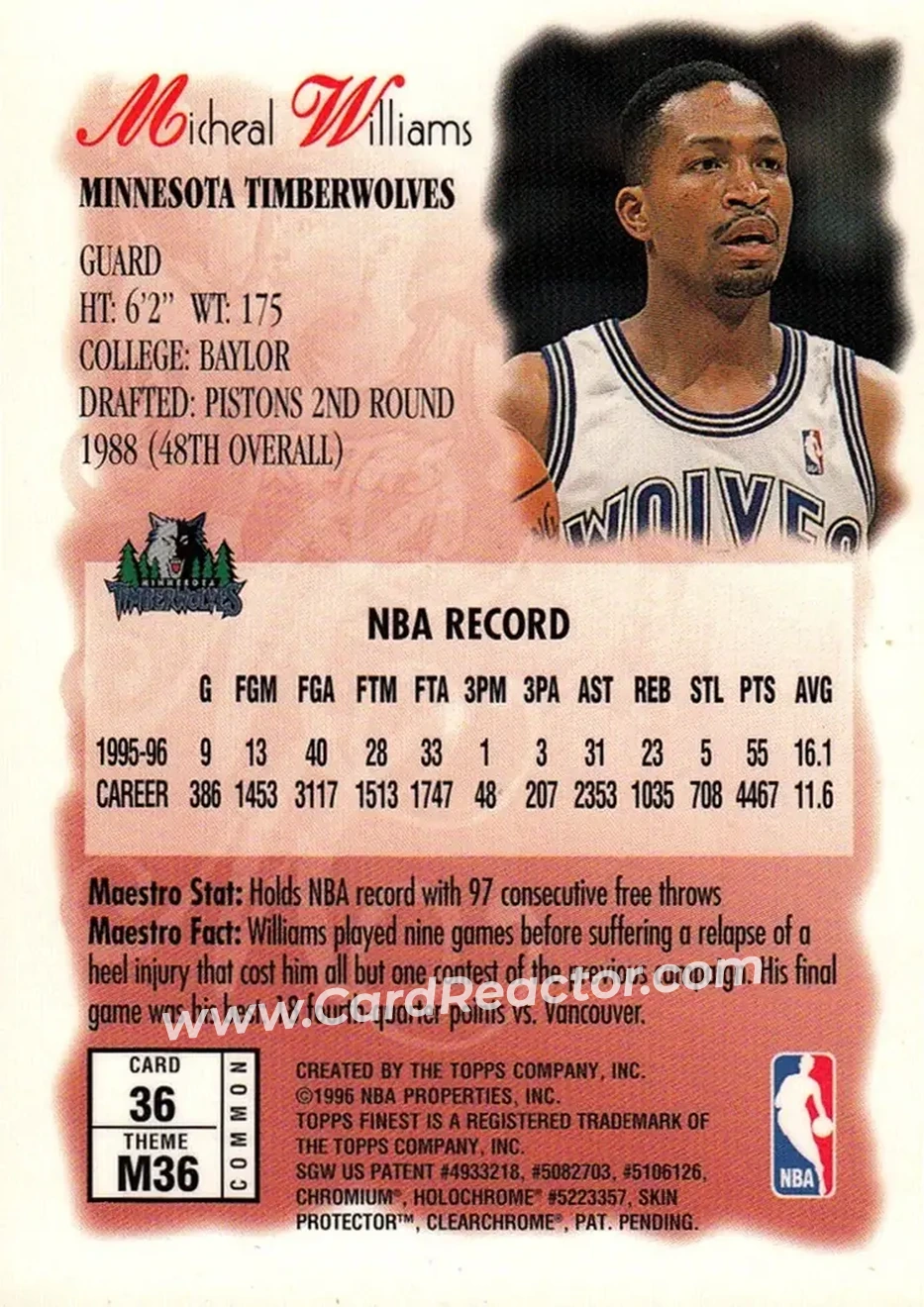 1996-97 Finest #36 - Micheal Williams - Minnesota Timberwolves - Back