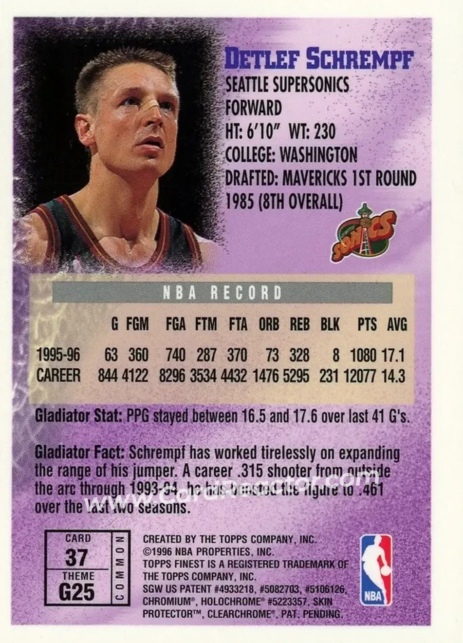1996-97 Finest #37 - Detlef Schrempf - Seattle SuperSonics - Back