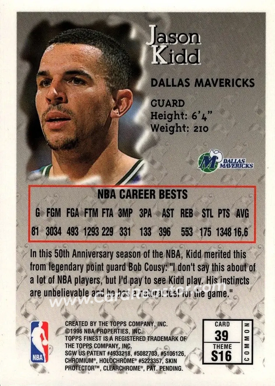 1996-97 Finest #39 - Jason Kidd - Dallas Mavericks - Back