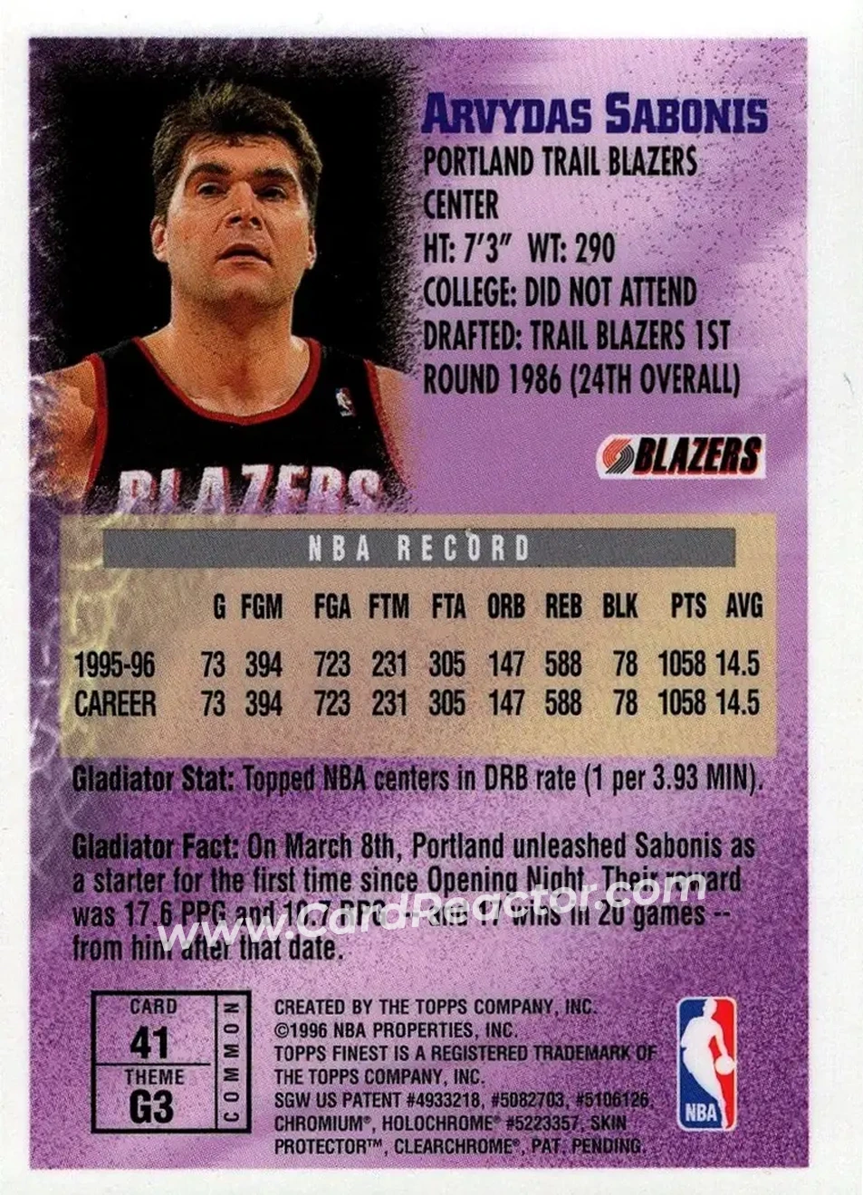 1996-97 Finest #41 - Arvydas Sabonis - Portland Trail Blazers - Back