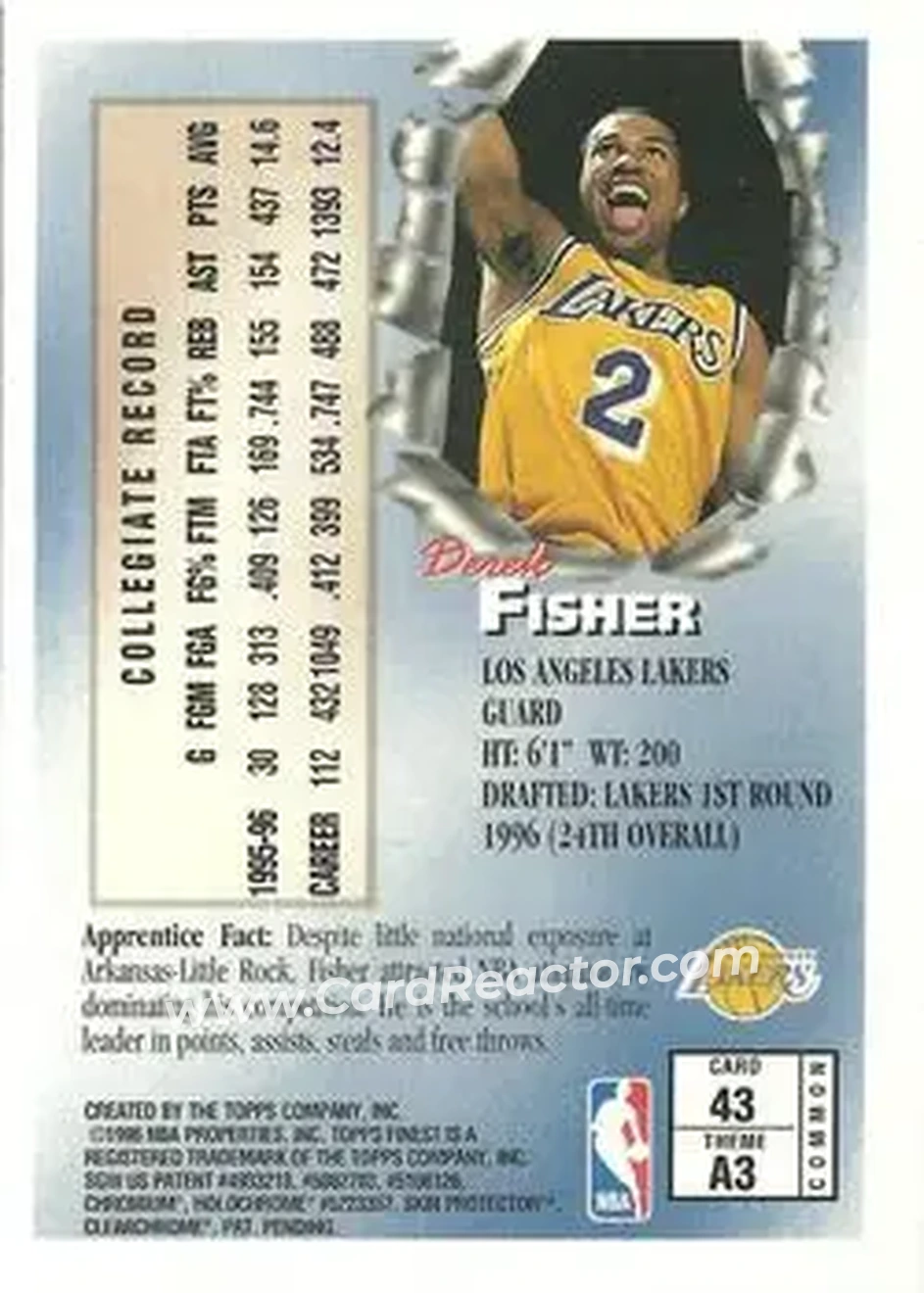 1996-97 Finest #43 - Derek Fisher - Los Angeles Lakers - Back